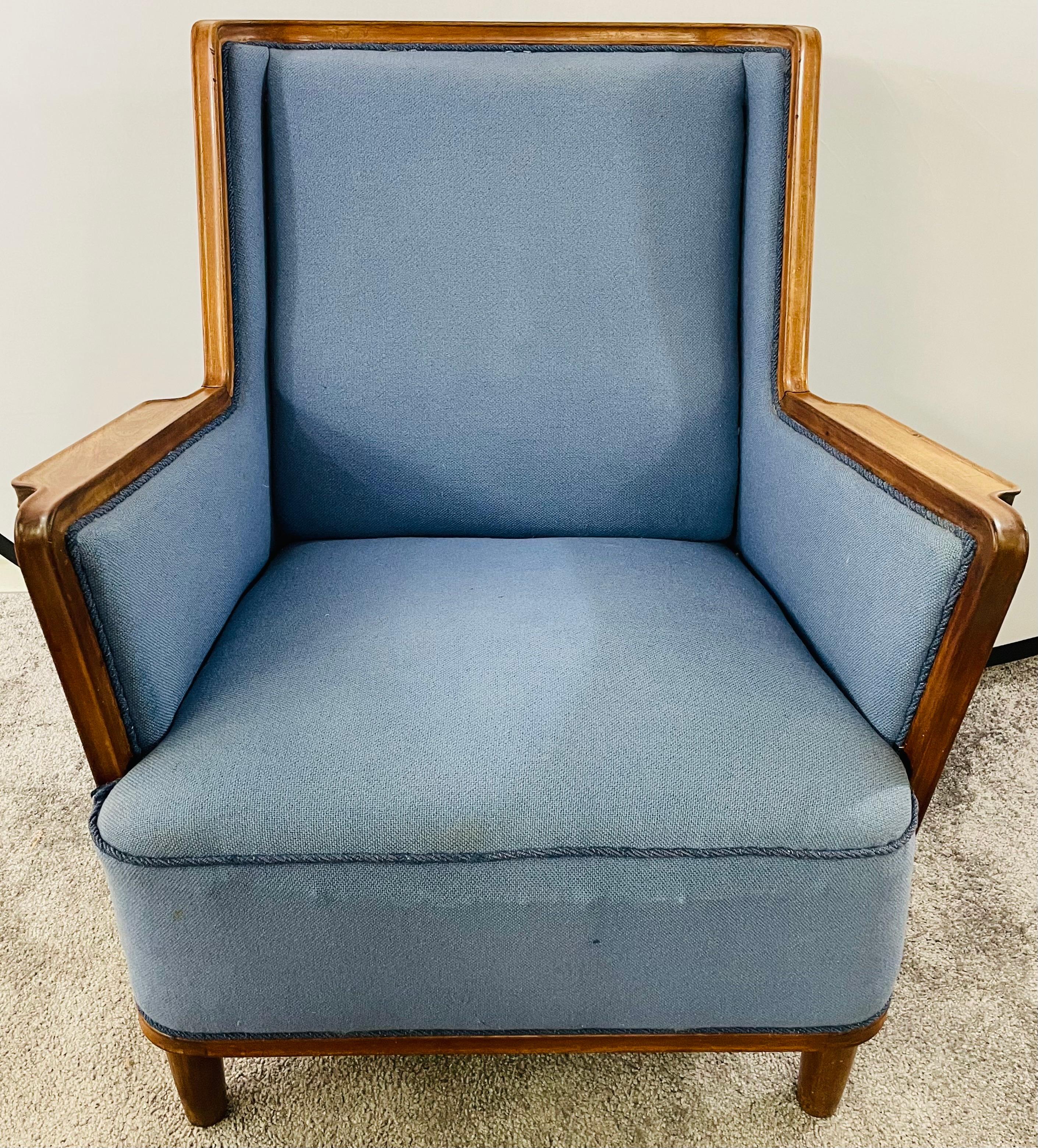 Finnish Mid-Century Modern Scandinavian Blue Upholstery Lounge Chair