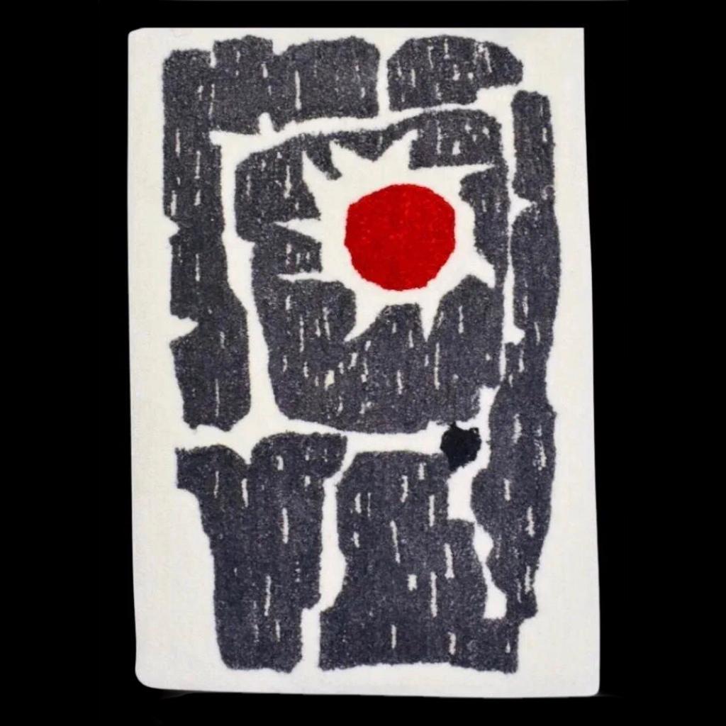 Eye catching, Spectacular, Handmade, Scandinavian Tufted, Mid Century Modern, Wool & Cotton Calder / Miro style Dynamic Abstract Wall Hanging. 

Against an off-white background, are abstract, gray, brutalist stone-like forms, dramatically