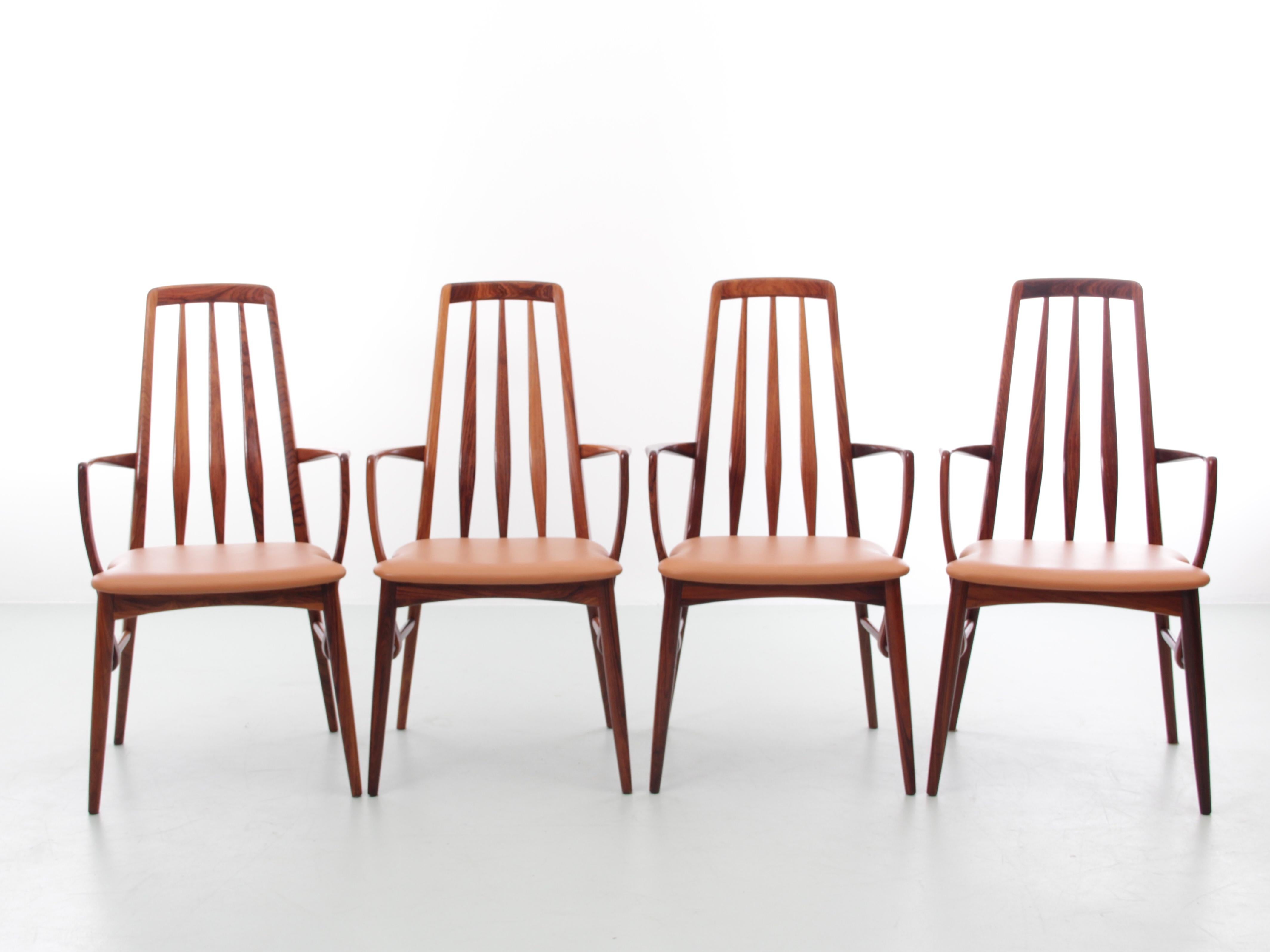 Mid-Century Modern Scandinavian set of 4 chairs and 2 armchairs in rosewood model Eva by Niels Kofoed. New leather seat.