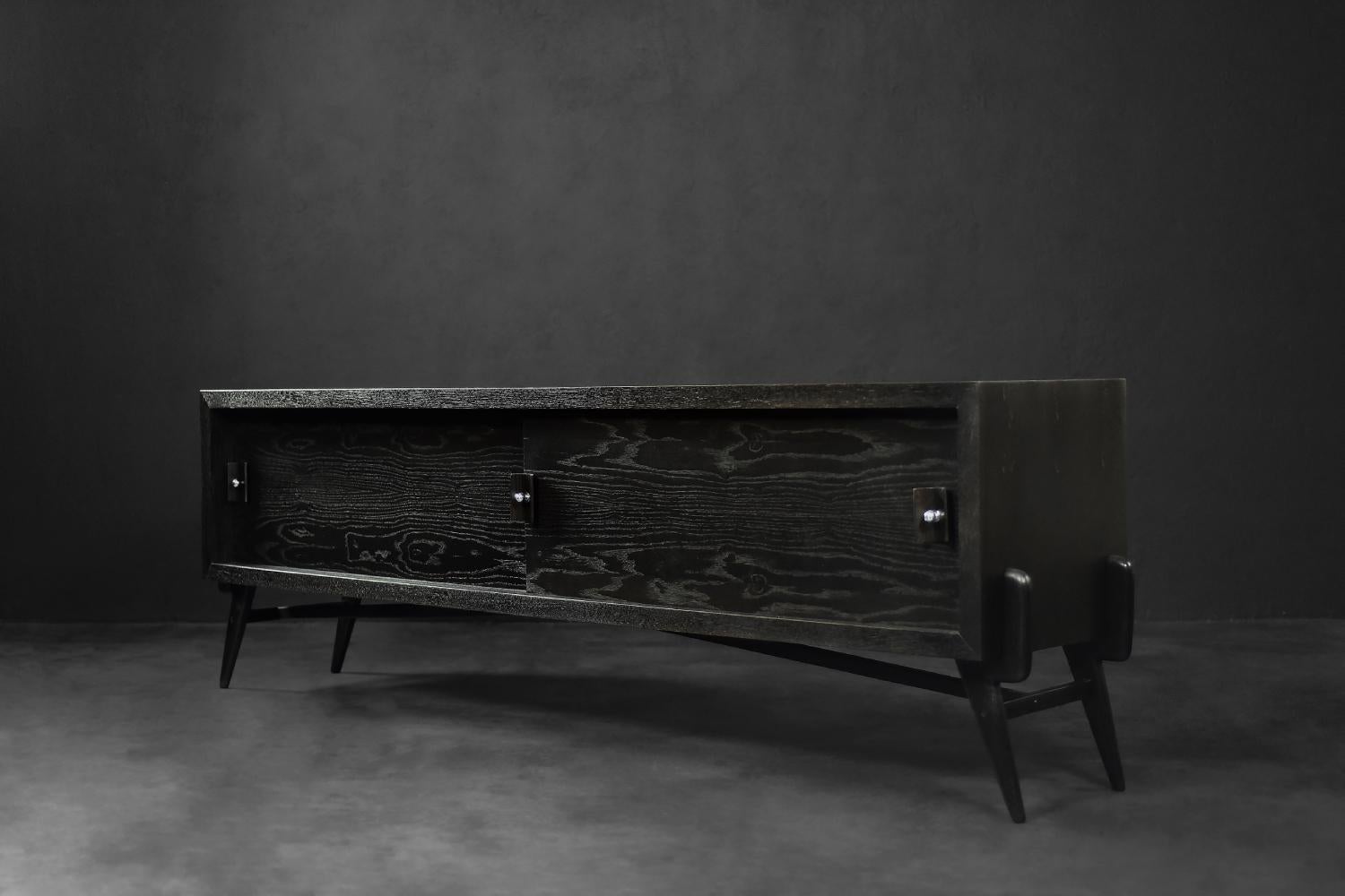 Mid-Century Modern Scandinavian Dark Oak Sideboard with Wooden & Metal Handles For Sale 2