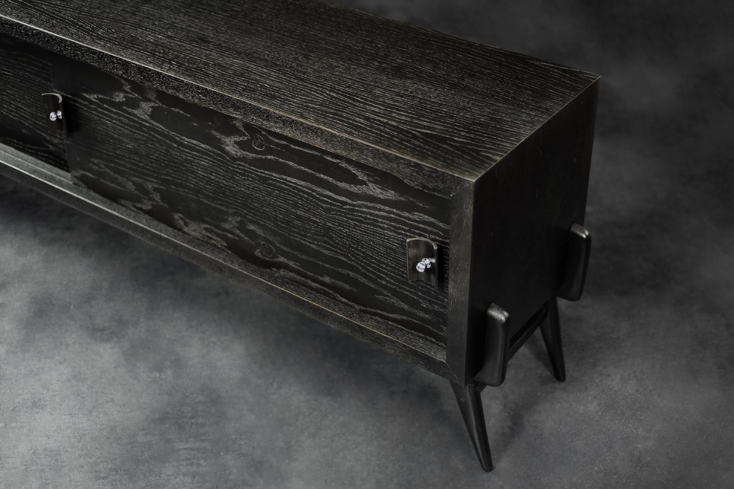 Mid-Century Modern Scandinavian Dark Oak Sideboard with Wooden & Metal Handles For Sale 3