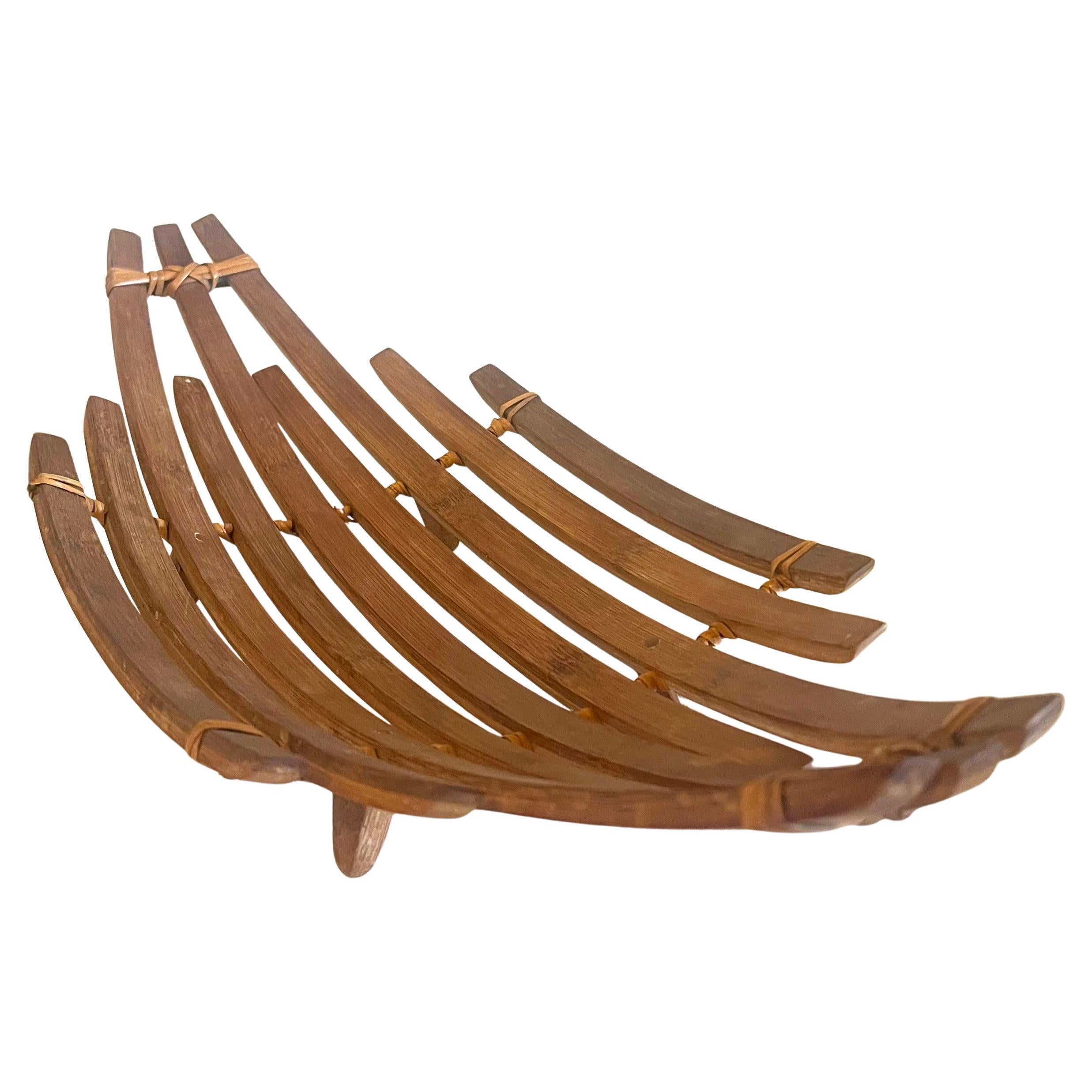 Mid Century Modern Scandinavian Design Bamboo Rattan Footed Fruit Bowl Catchall