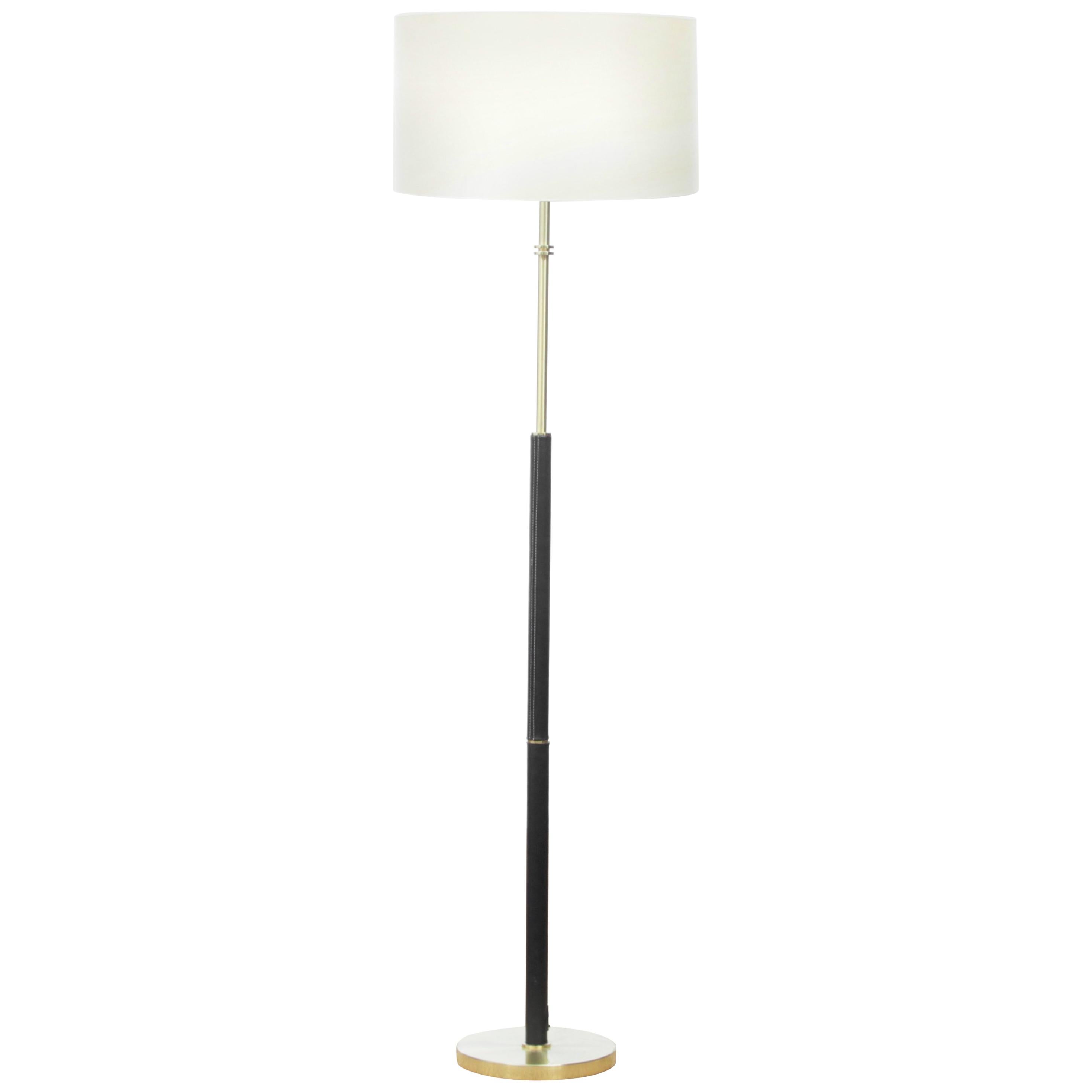 Mid-Century Modern Scandinavian Floor Lamp in Brass and Leather