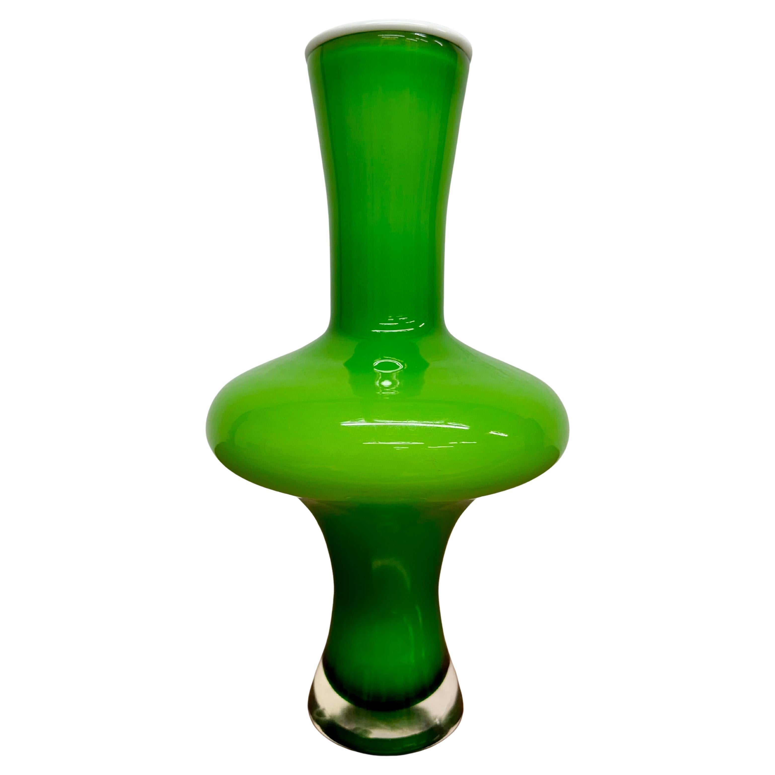 Mid Century Modern Scandinavian Hooped Cased Glass Vase, Lime Green and White