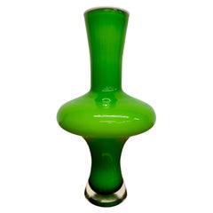 Mid Century Modern Scandinavian Hooped Cased Glass Vase, Lime Green and White