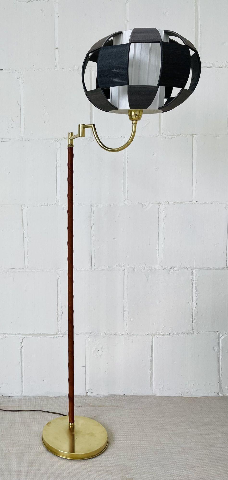 20th Century EWA, Mid-Century Modern, Floor Lamp, Leather, Brass, Sweden, 1950s For Sale