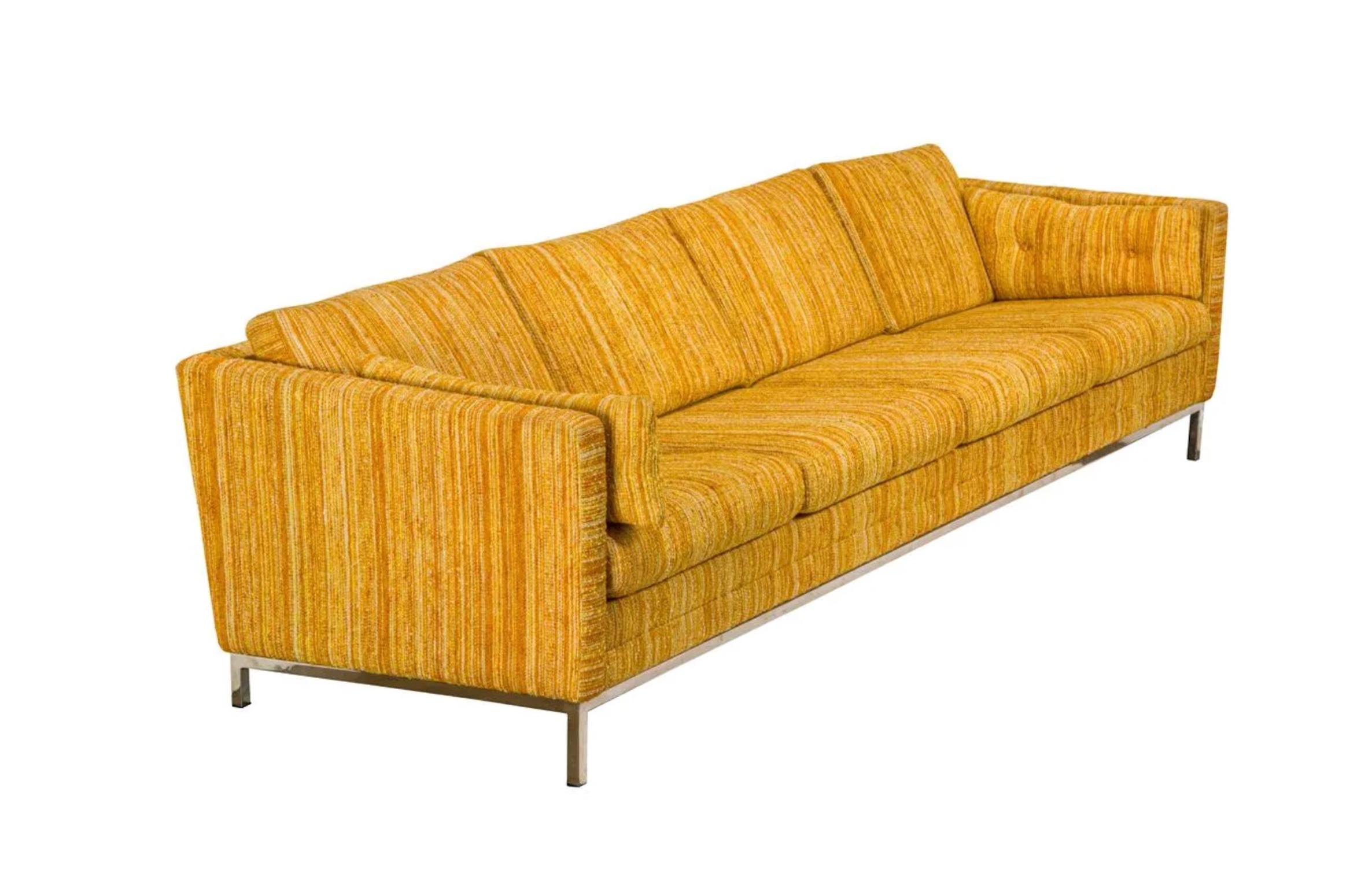 Midcentury Scandinavian Modern long low 4 seat low sofa couch by DUX in original Yellow woven tweed upholstery with chrome steel legs. All Original 1970s Upholstery in beautiful vintage condition. Wonderful design and very comfortable. Shows very