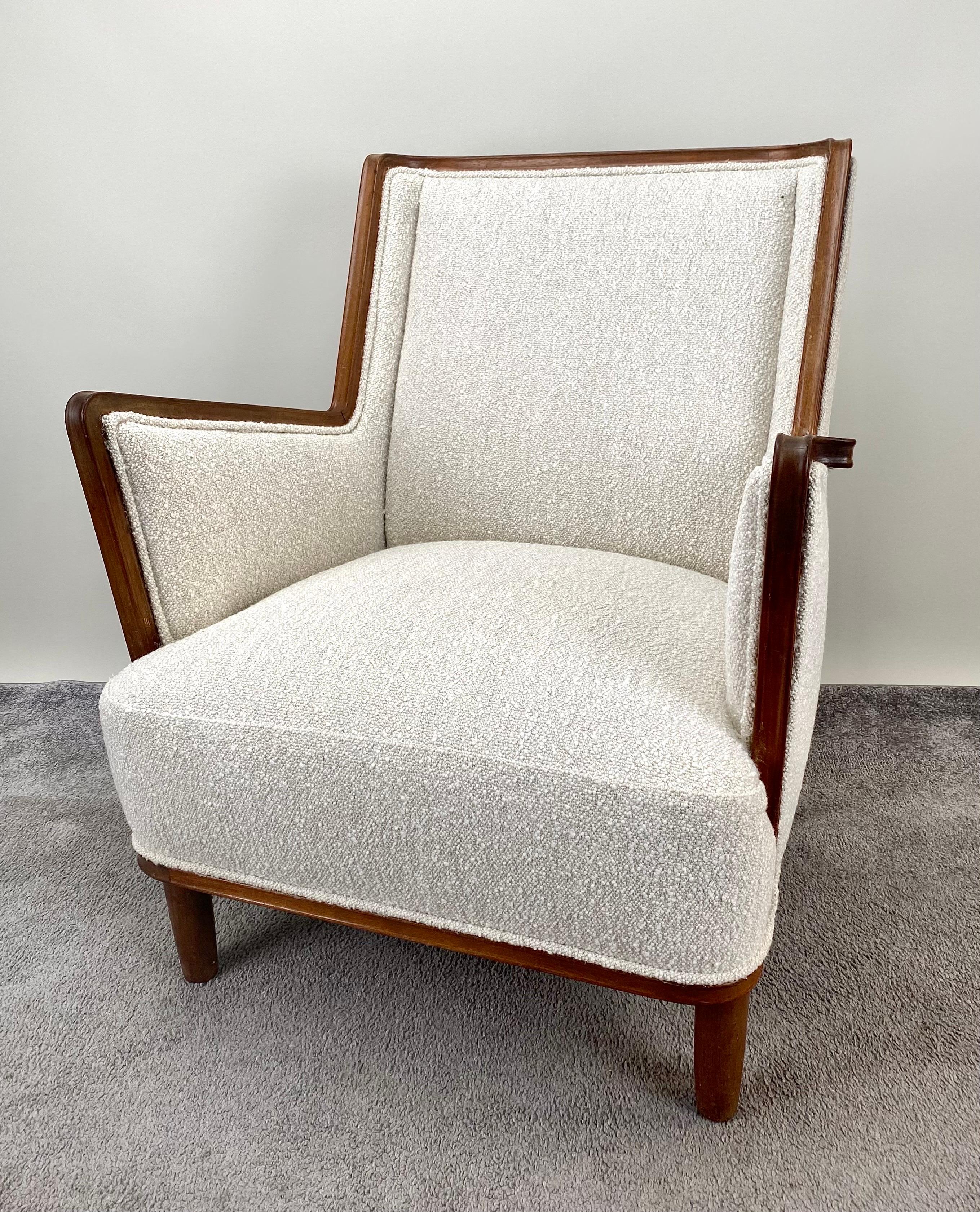 Finnish Mid-Century Modern Scandinavian Lounge Chair in Mahogany Frame & Bouclé  For Sale