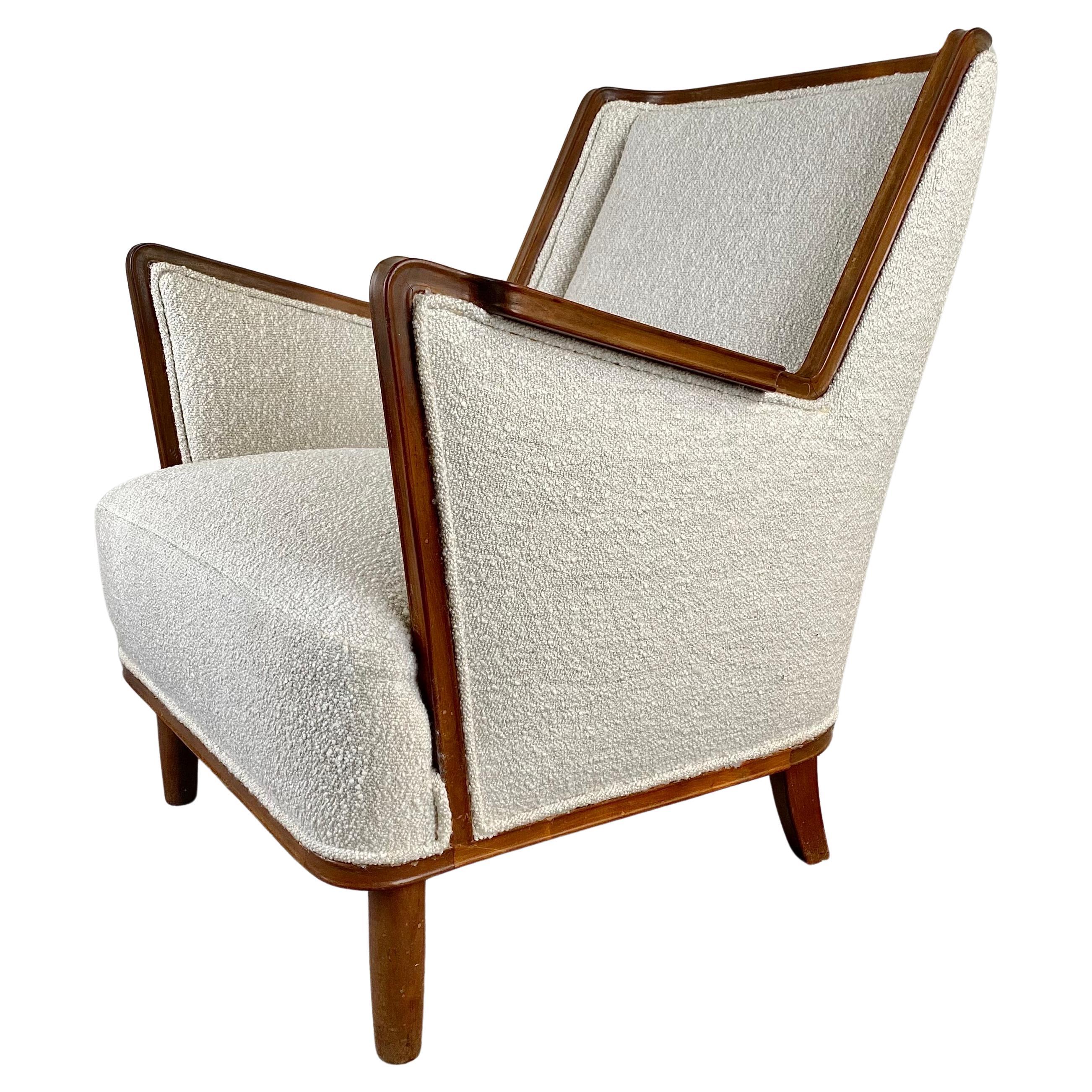 Mid-Century Modern Scandinavian Lounge Chair in Mahogany Frame & Bouclé  For Sale