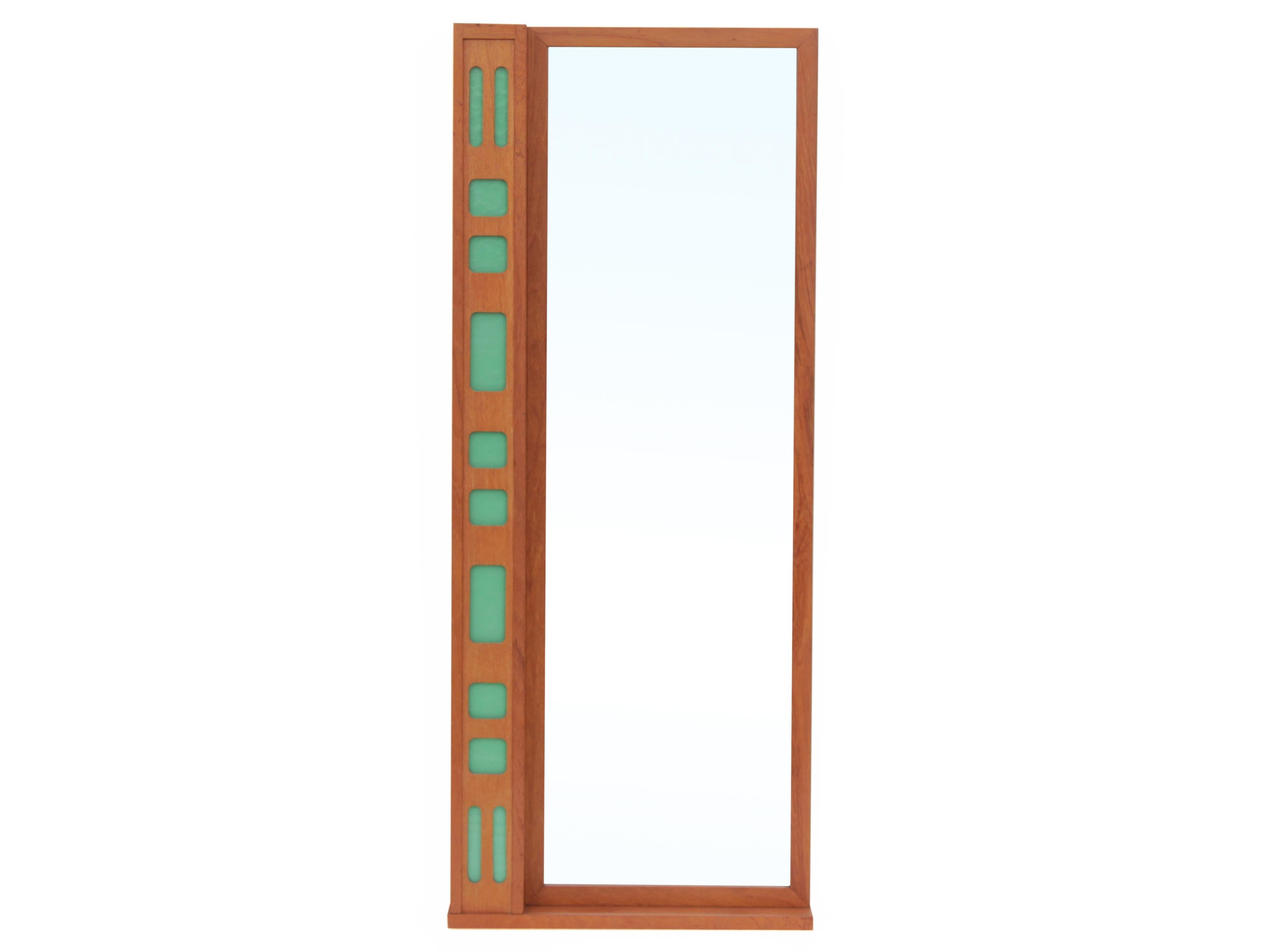 Mid-Century Modern Scandinavian mirror in teak, with light. New electrical system brought up to EU standard. Led bulb included.
