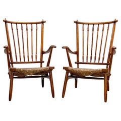 Mid-Century Modern Scandinavian Pair of Armchairs, Wood and Straw, 1960s