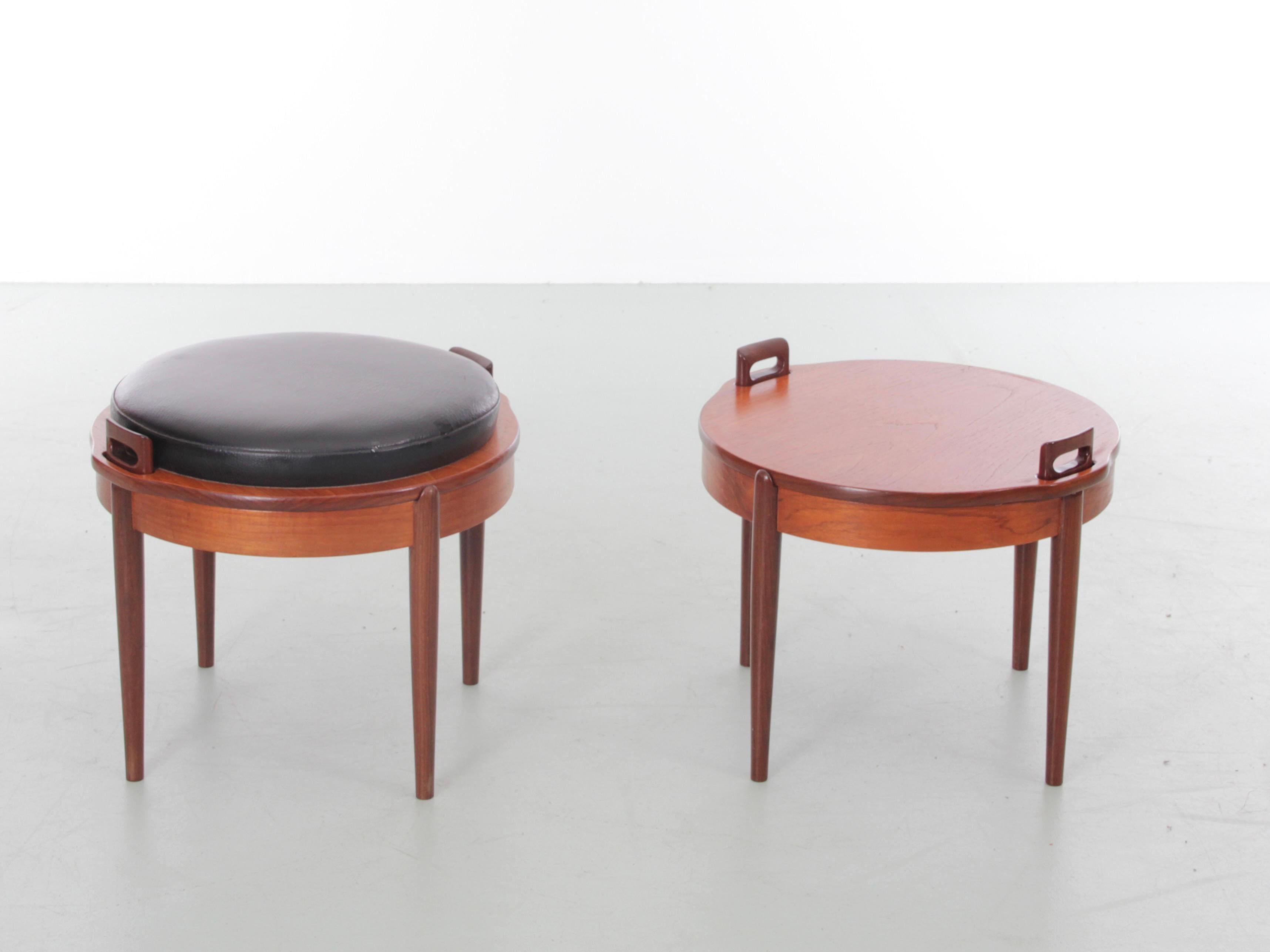 Mid-Century Modern Scandinavian pair of reversible Scandinavian stools in teak by BJ Hansen. Original simili leather seat. Some small scratches. Can be reupholstered on request. Price for the pair.