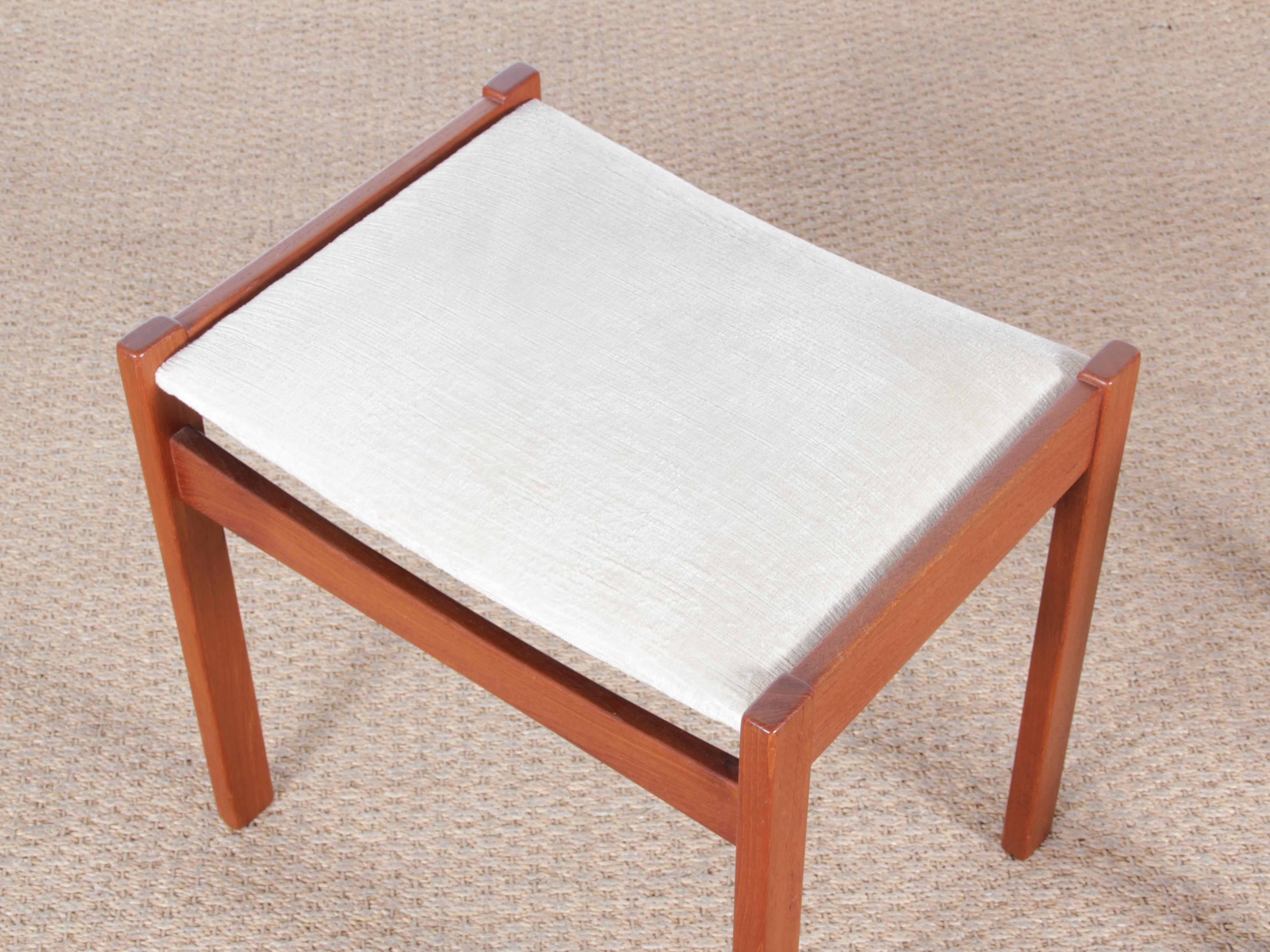 Mid-Century Modern Scandinavian pair of stool in teak. Cream velvet upholstery from 2000s.