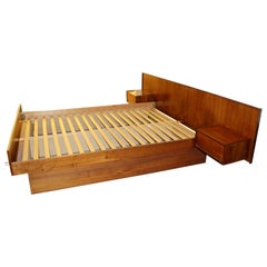 Vintage Mid-Century Modern Scandinavian Platform Queen Bed with Floating Nightstands