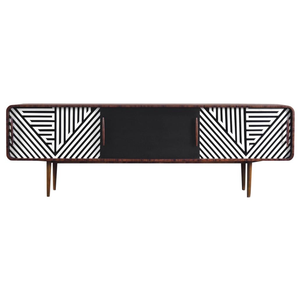 Mid-Century Modern Scandinavian Rounded Long Sideboard with Op-Art Pattern, 1960 For Sale