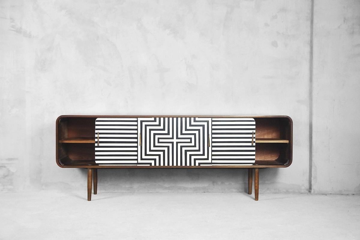 Wood Mid-Century Modern Scandinavian Rounded Walnut Sideboard with Pattern, 1960s