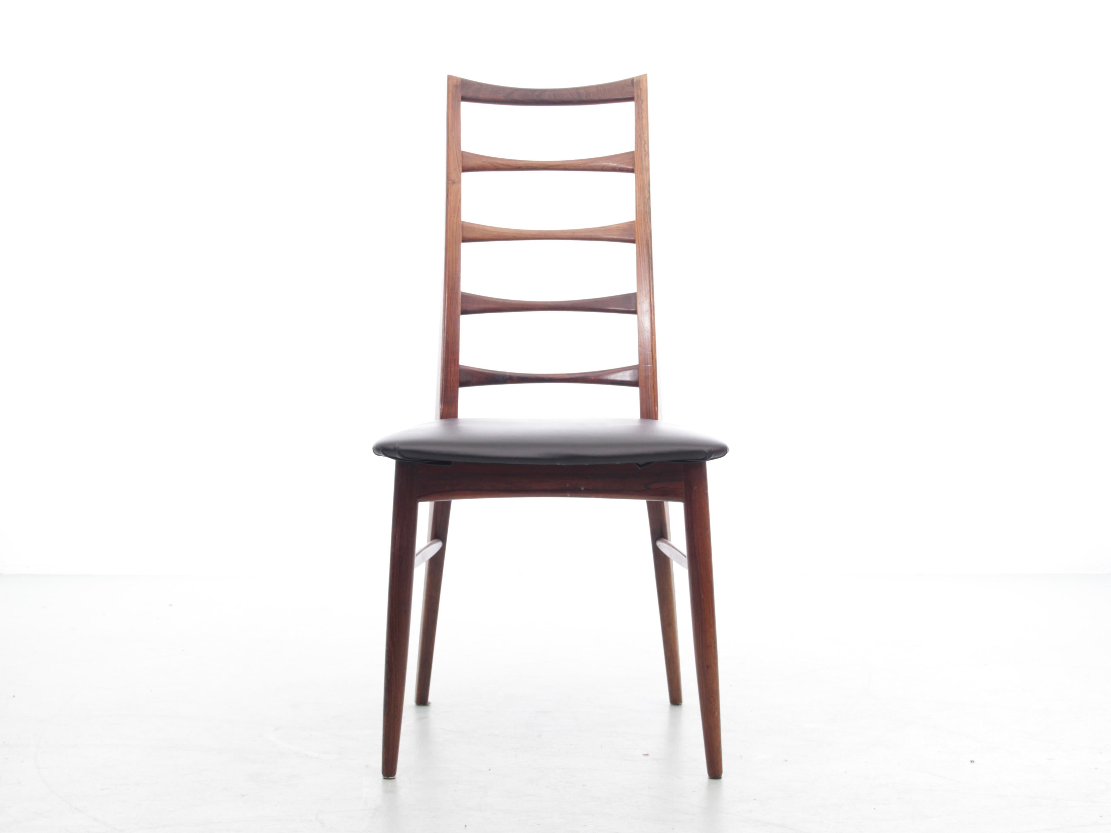 Mid-Century Modern scandinavian set of 4 teak chairs modele Lis by Niels Koefoed. Seats will be reupholtered with fabric or leather of your choice between Step Melange fabric from Gabriel or 