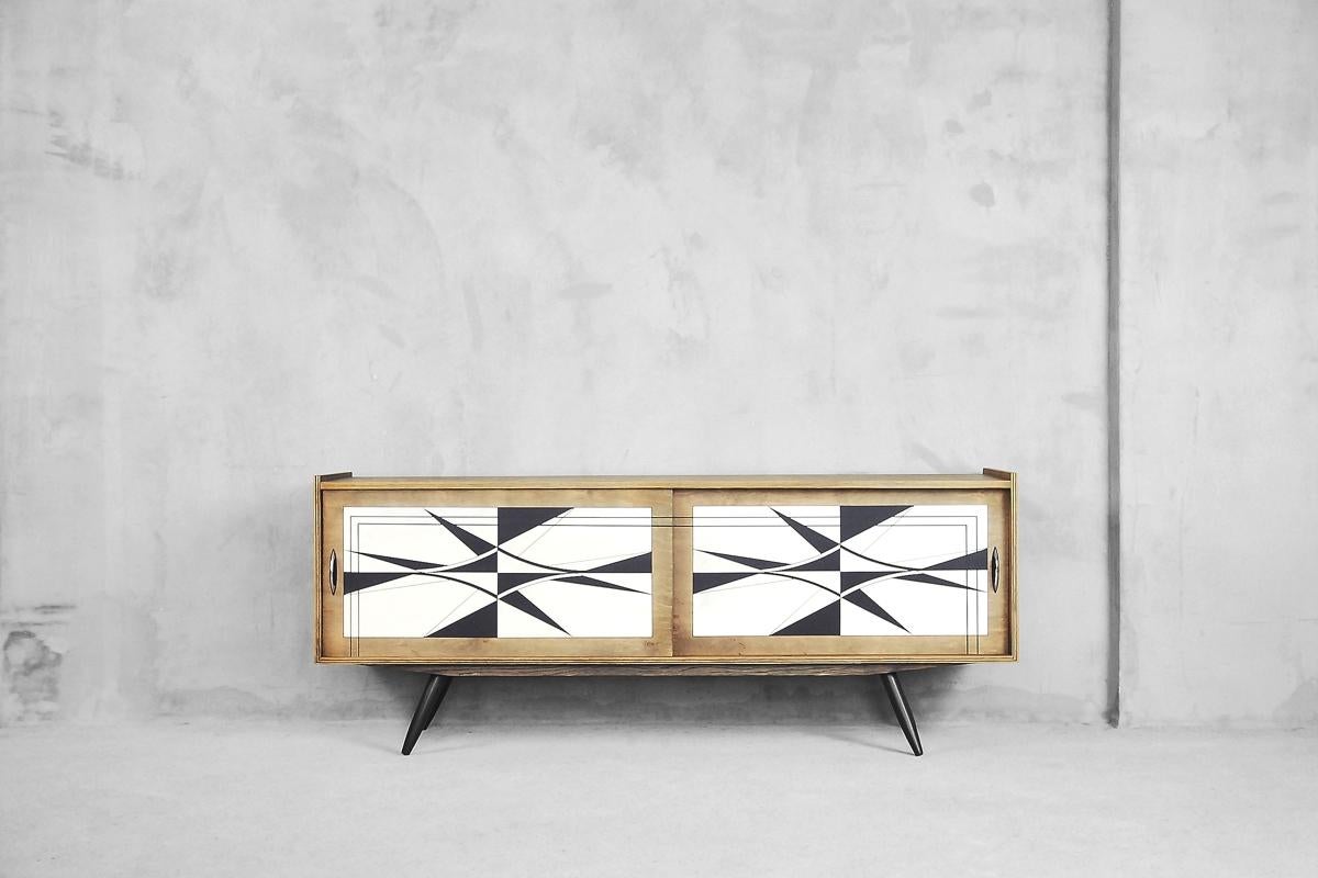 Mid-Century Modern Scandinavian Sideboard with Hand Painted Pattern, 1960s In Good Condition In Warsaw, PL