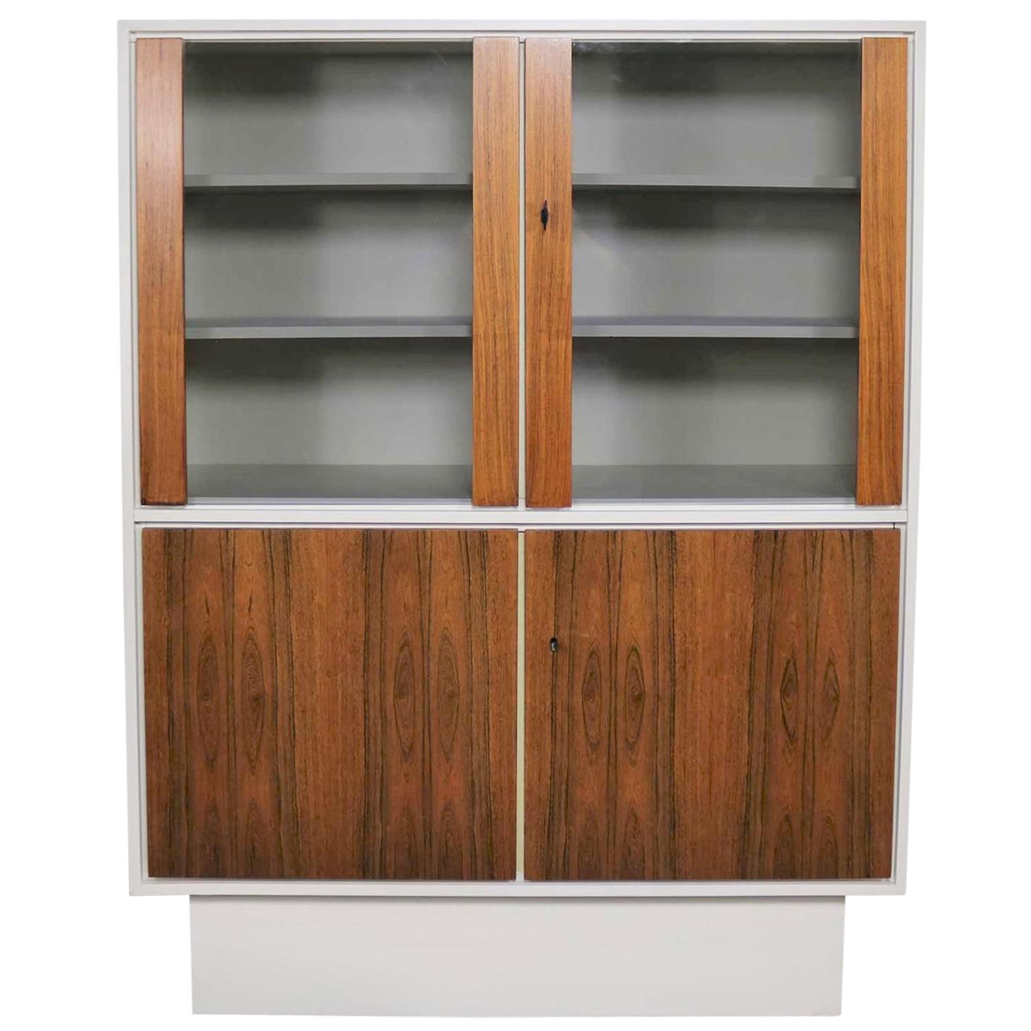 Mid-Century Modern Scandinavian Style China Display Cabinet, White Case and Teak For Sale