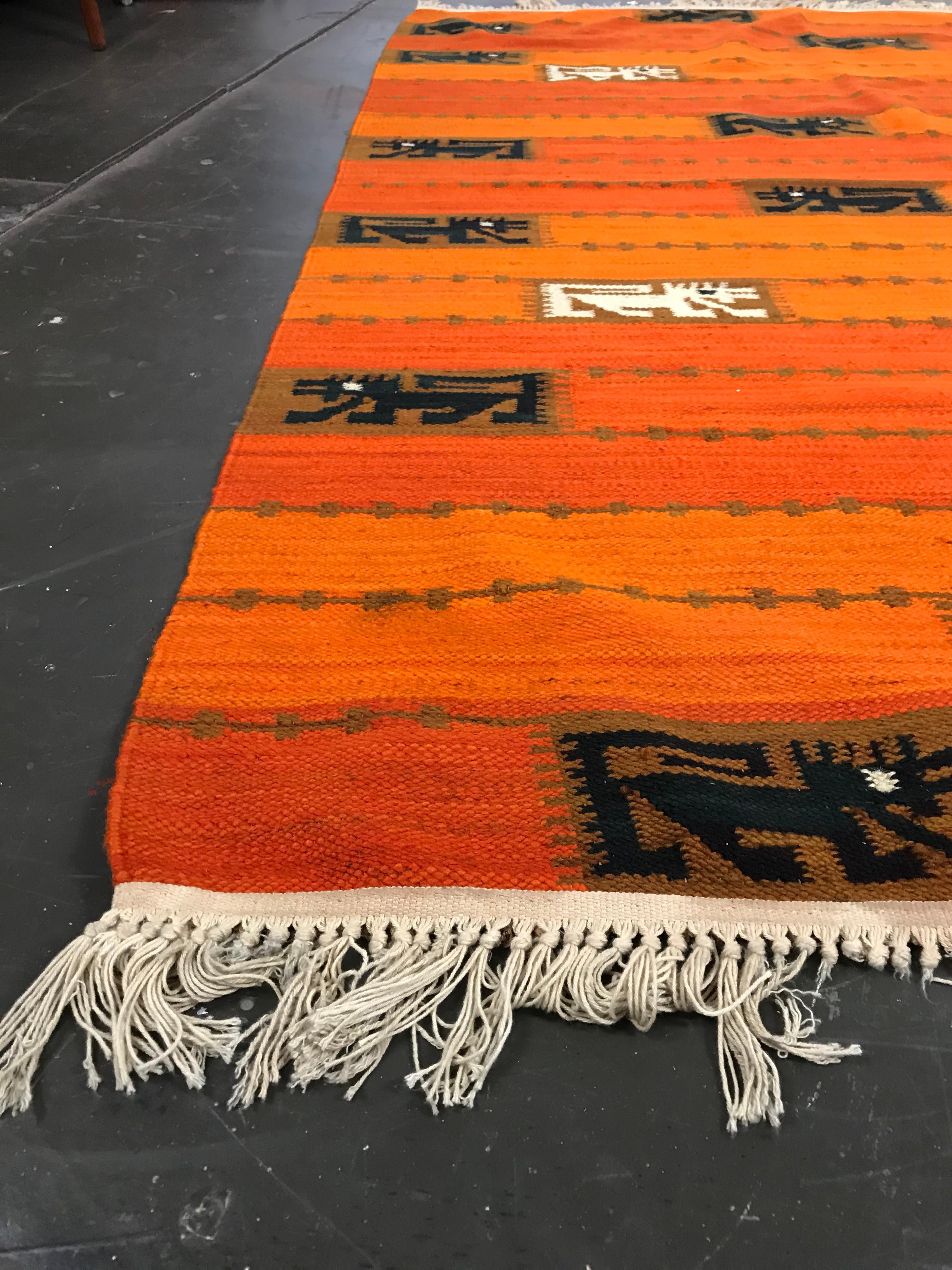 Mid-Century Modern Scandinavian Style Orange and Red Kilim Rug by Wanda Krakow 2