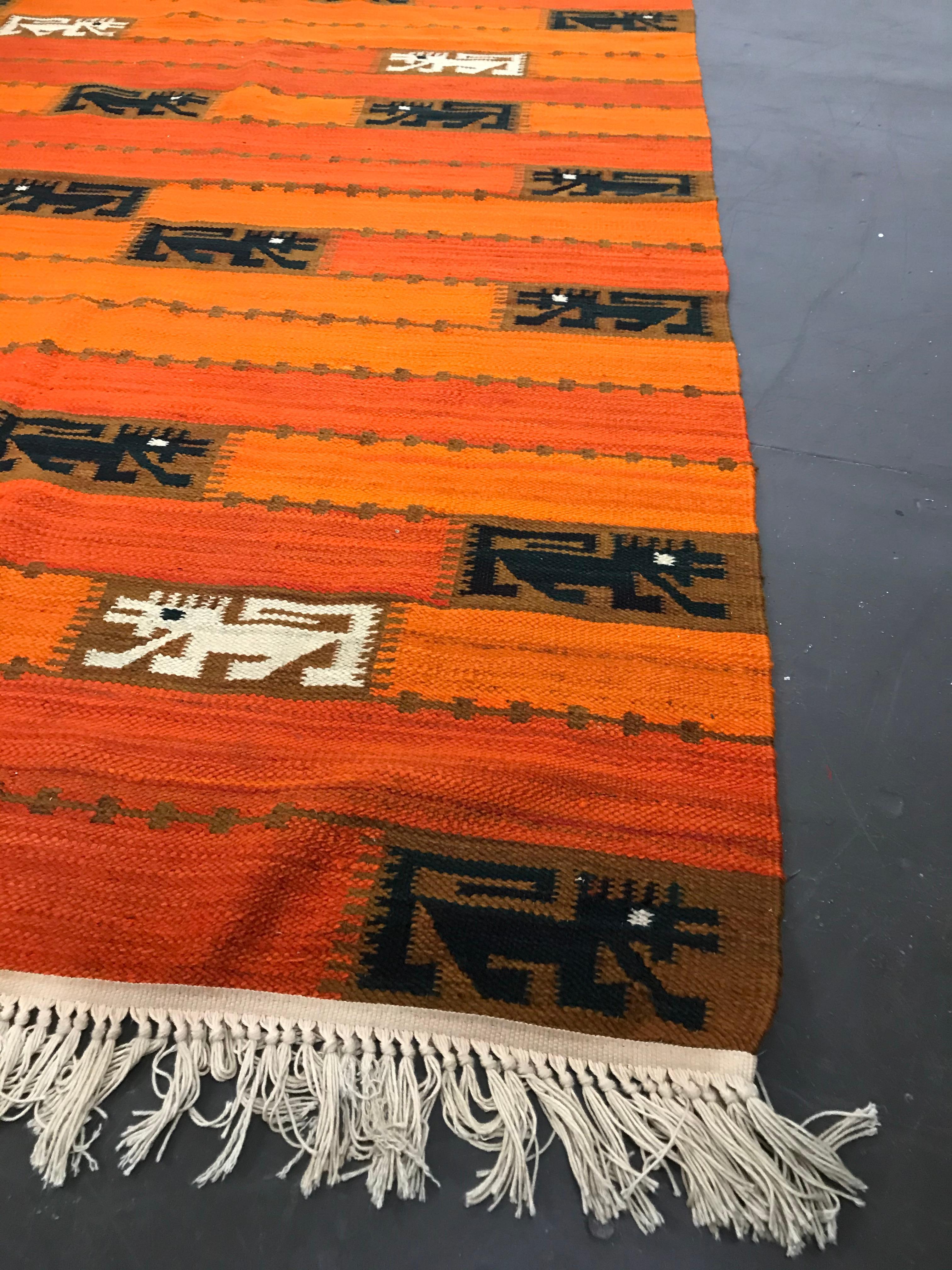 Mid-Century Modern Scandinavian Style Orange and Red Kilim Rug by Wanda Krakow 3