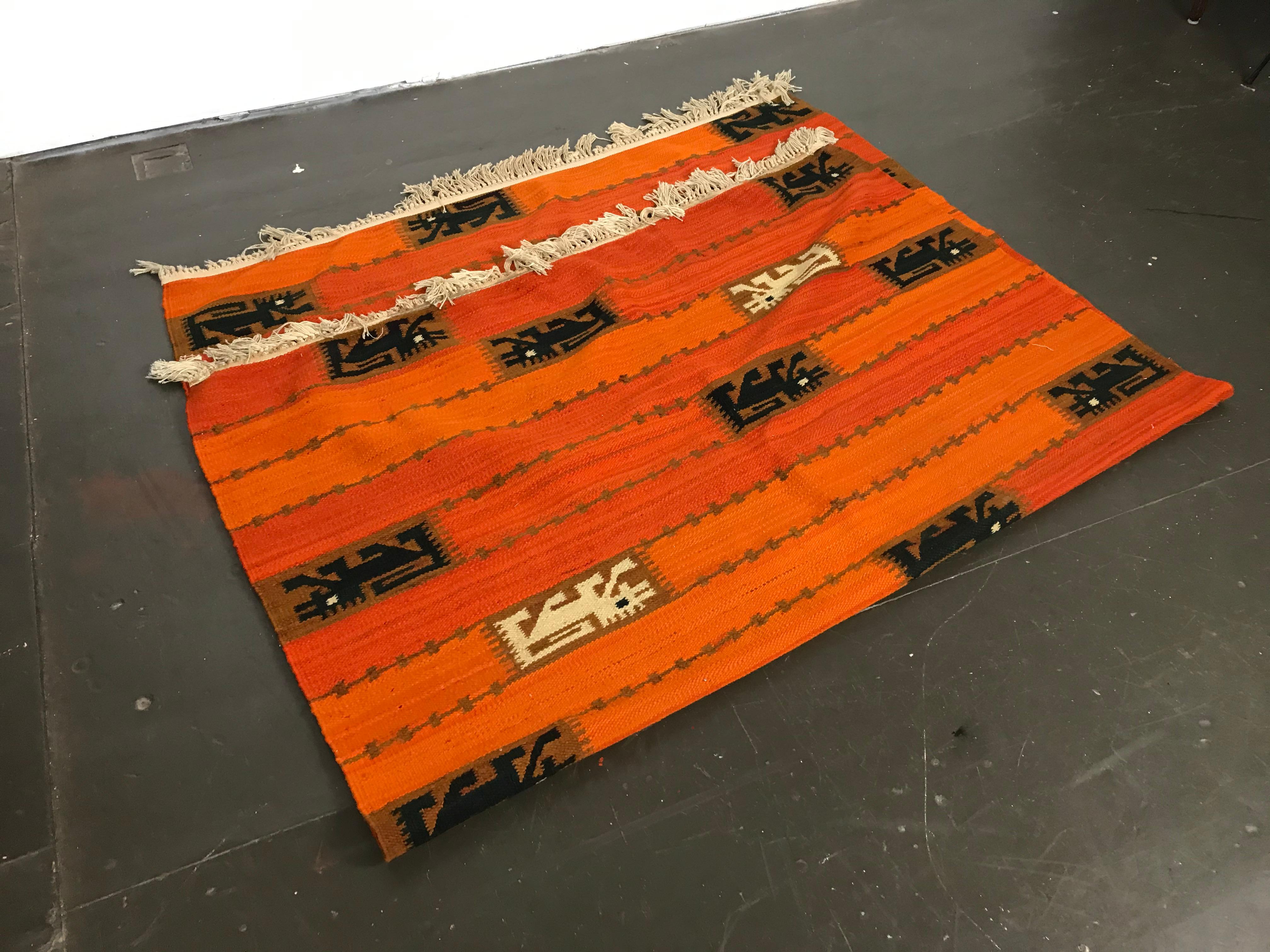 Mid-Century Modern Scandinavian Style Orange and Red Kilim Rug by Wanda Krakow   6