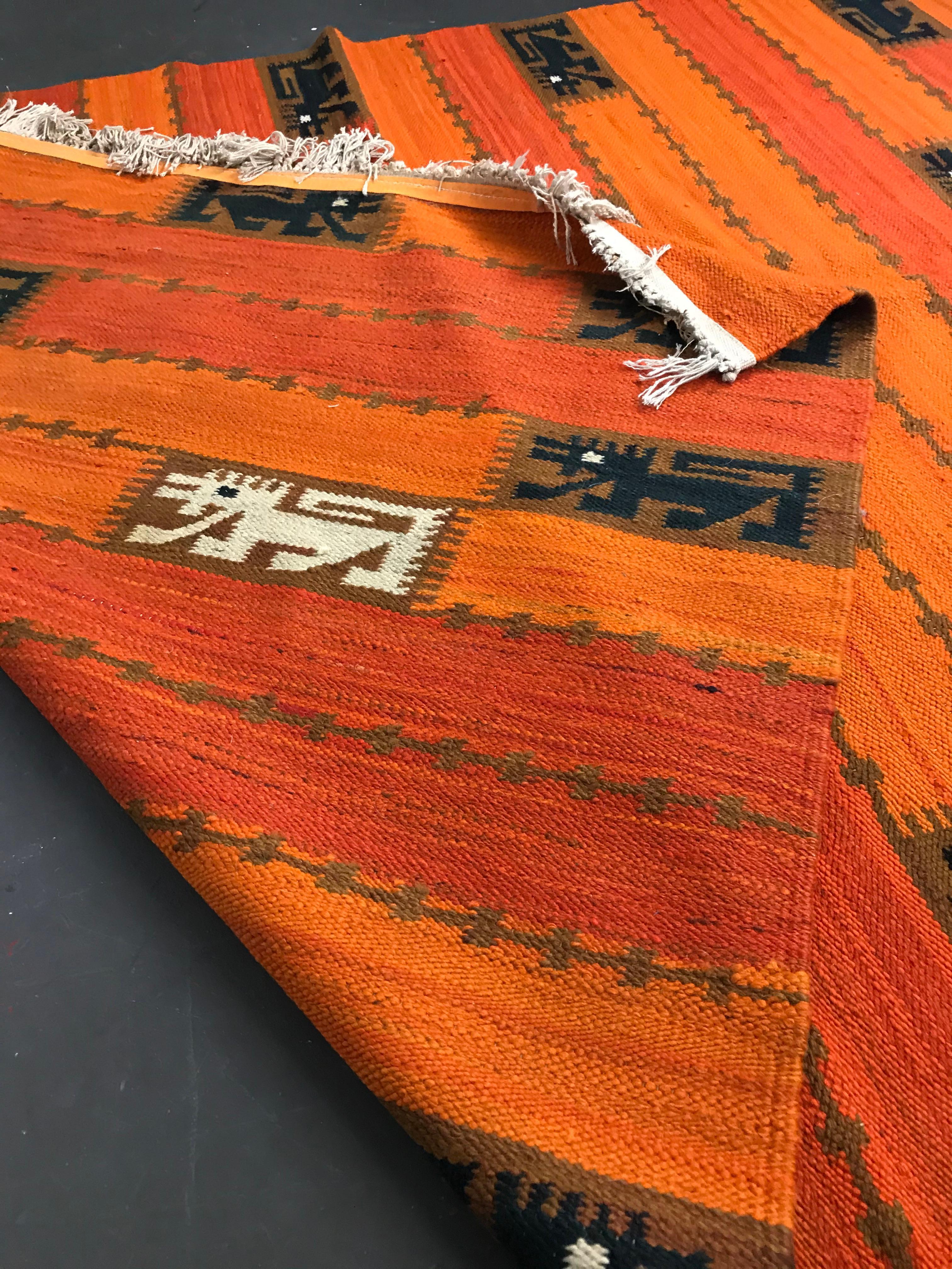Mid-20th Century Mid-Century Modern Scandinavian Style Orange and Red Kilim Rug by Wanda Krakow