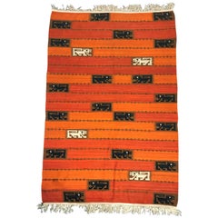 Mid-Century Modern Scandinavian Style Orange and Red Kilim Rug by Wanda Krakow