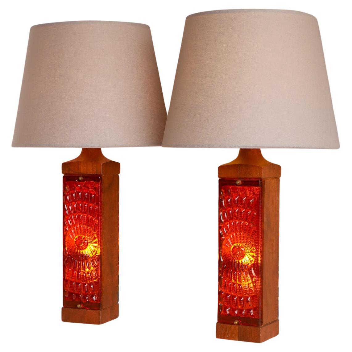 Lámparas de mesa escandinavas de teca y cristal, modernas de mediados de siglo, Hovmantorp, Suecia en venta