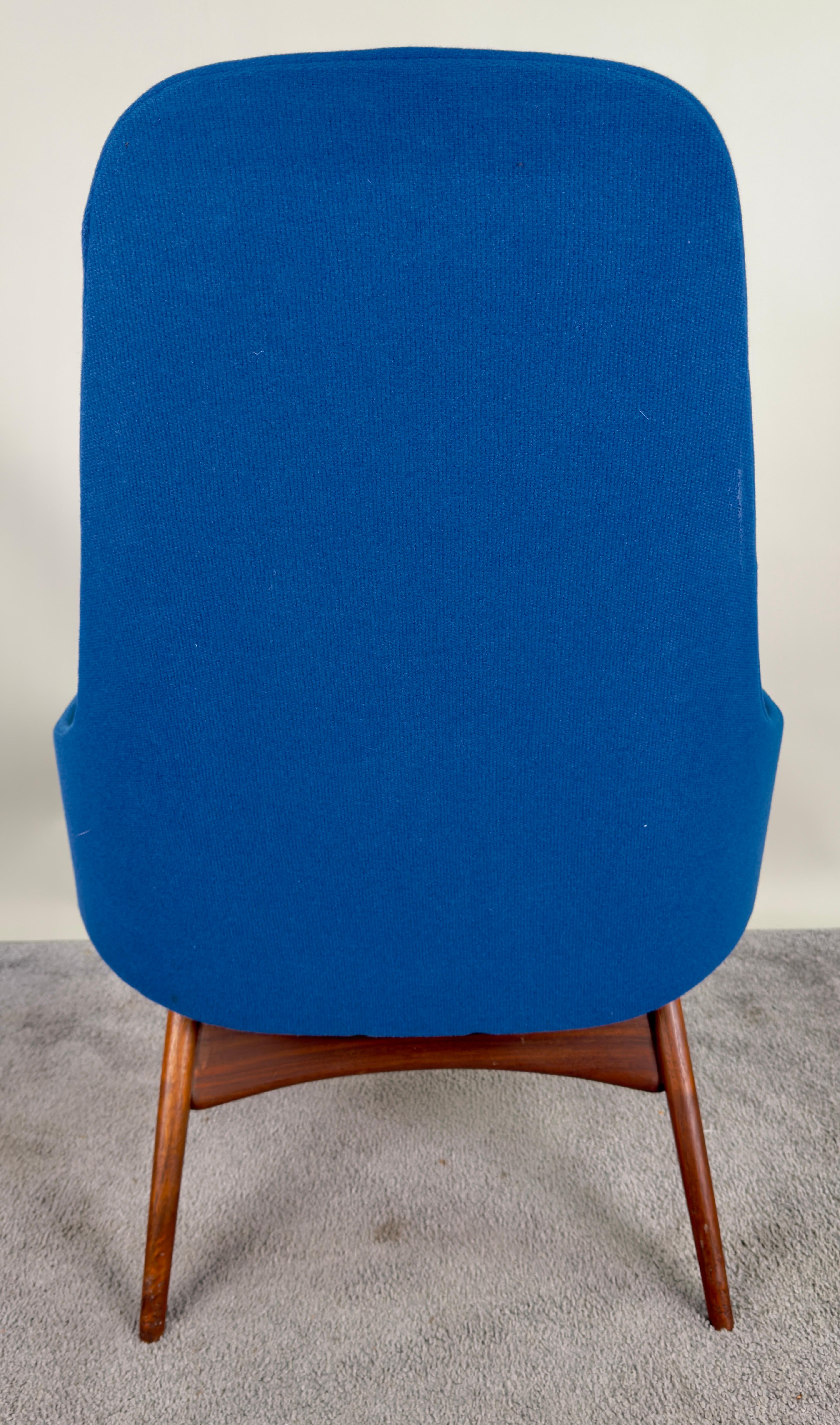 Swedish Mid Century Modern Scandinavian Walnut Barrel  Armchair in Blue Upholstery  For Sale