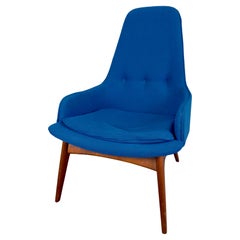 Retro Mid Century Modern Scandinavian Walnut Barrel  Armchair in Blue Upholstery 