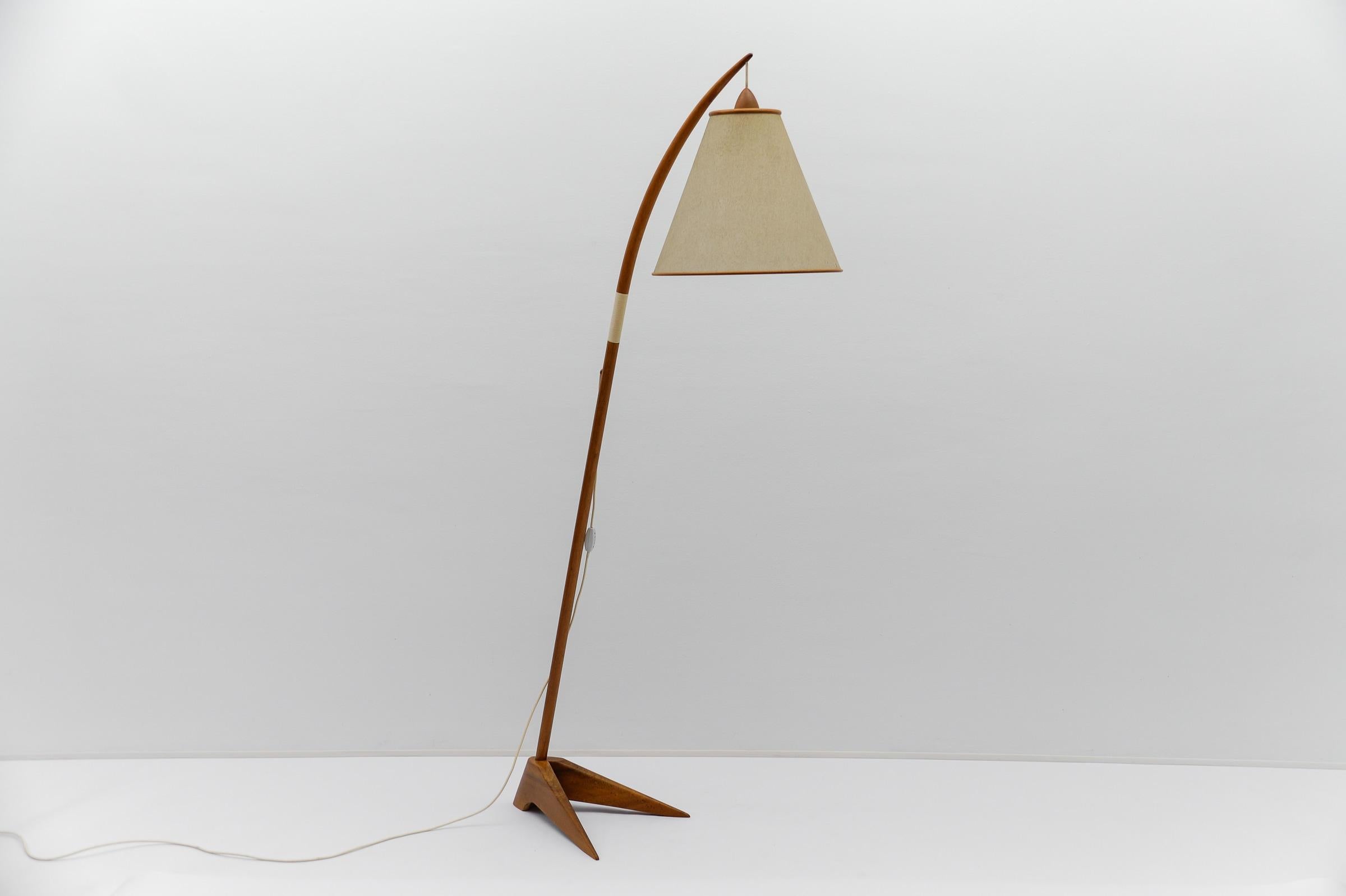Brass Mid-Century Modern scandinavian wooden arc floor lamp, 1950s For Sale