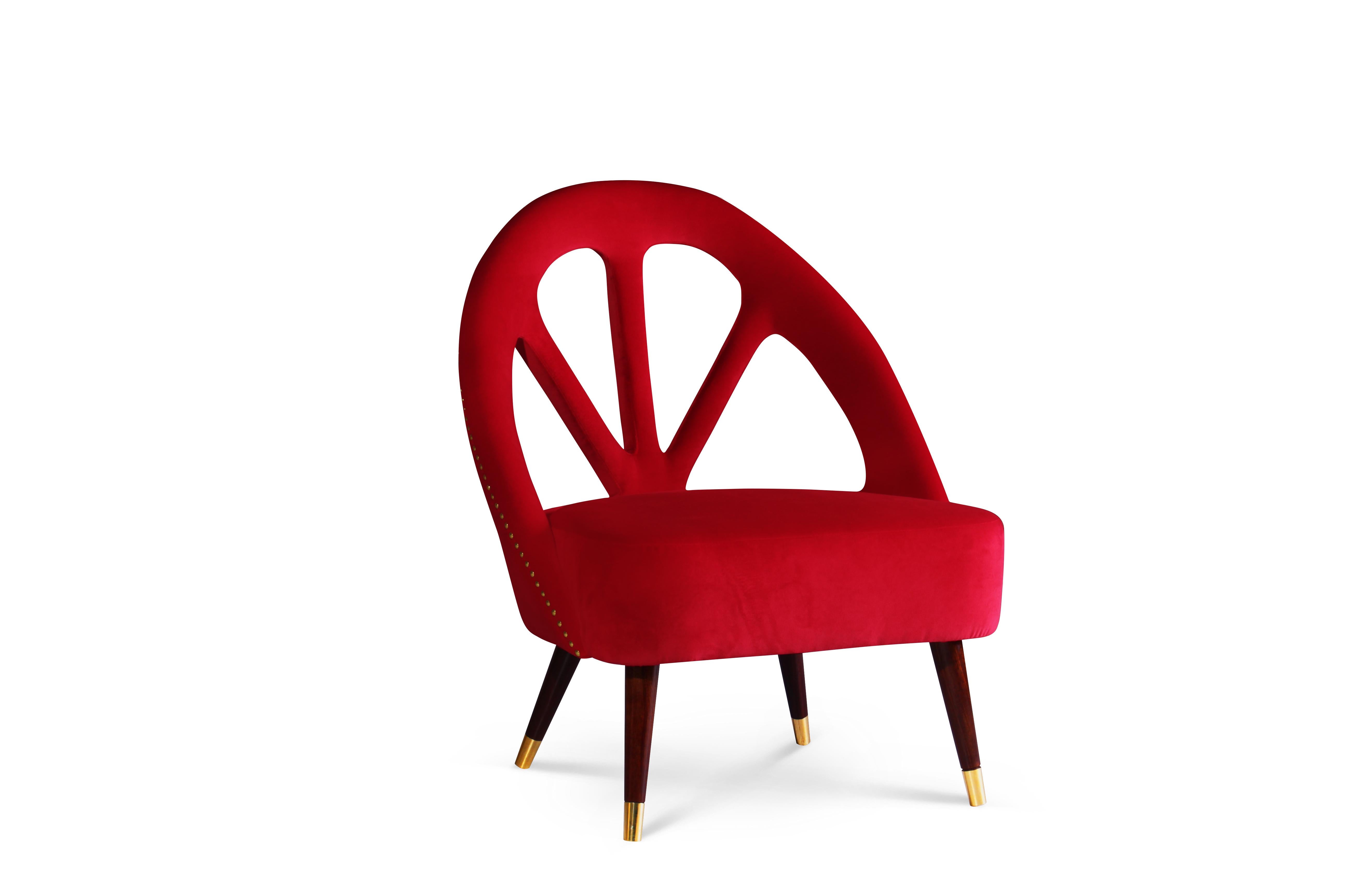 Sillón Moderno de Mitad de Siglo Escarlata Terciopelo Madera Made in Portugal by Ottiu Portugués en venta
