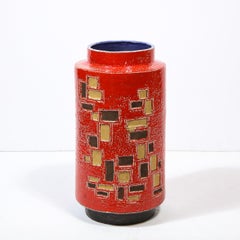 Mid-Century Modern Scarlet Red Handpainted Umbrella Stand w/ Rectilinear Details