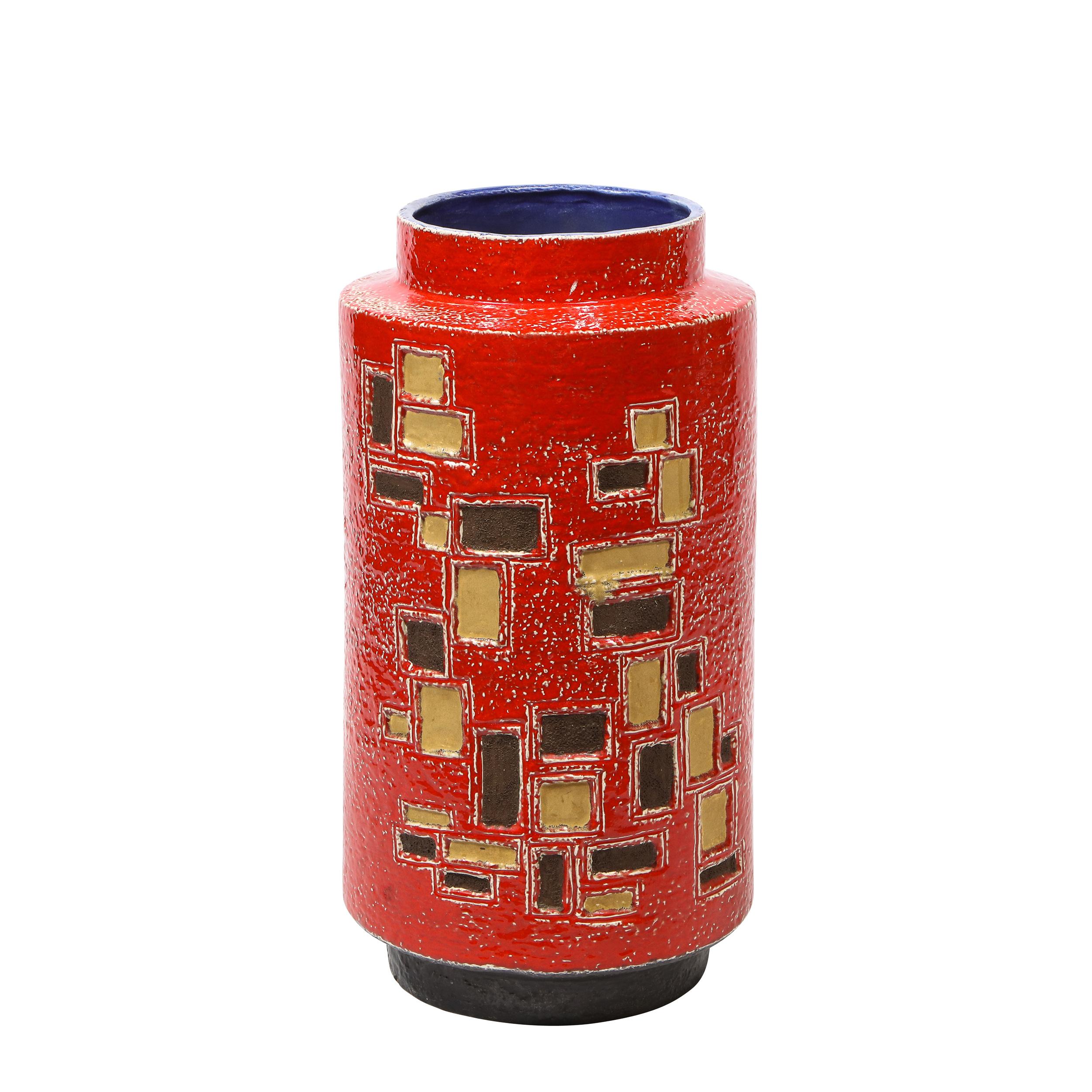 Italian Mid-Century Modern Scarlet Red Handpainted Umbrella Stand w/ Rectilinear Details For Sale