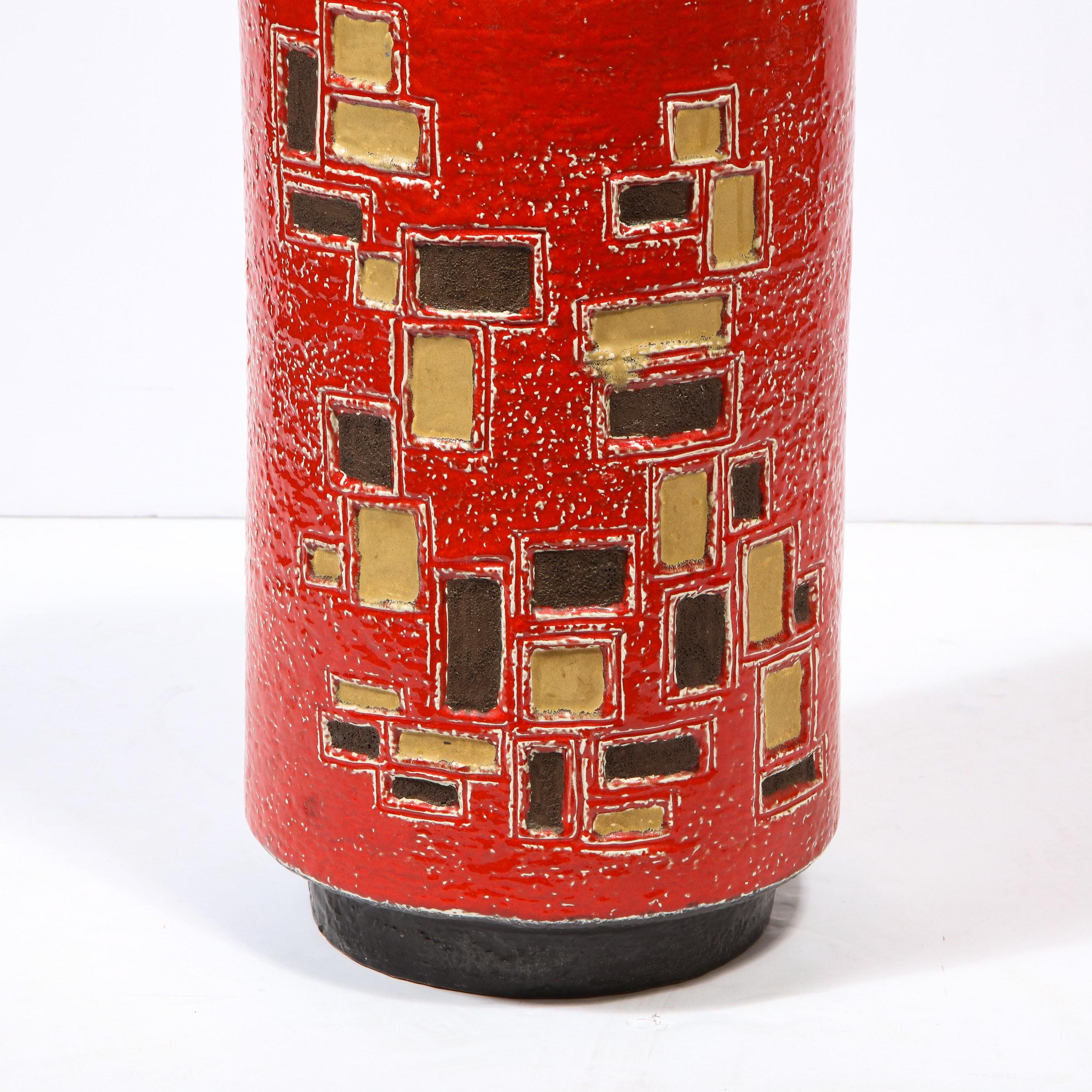 Mid-Century Modern Scarlet Red Handpainted Umbrella Stand w/ Rectilinear Details In Good Condition For Sale In New York, NY