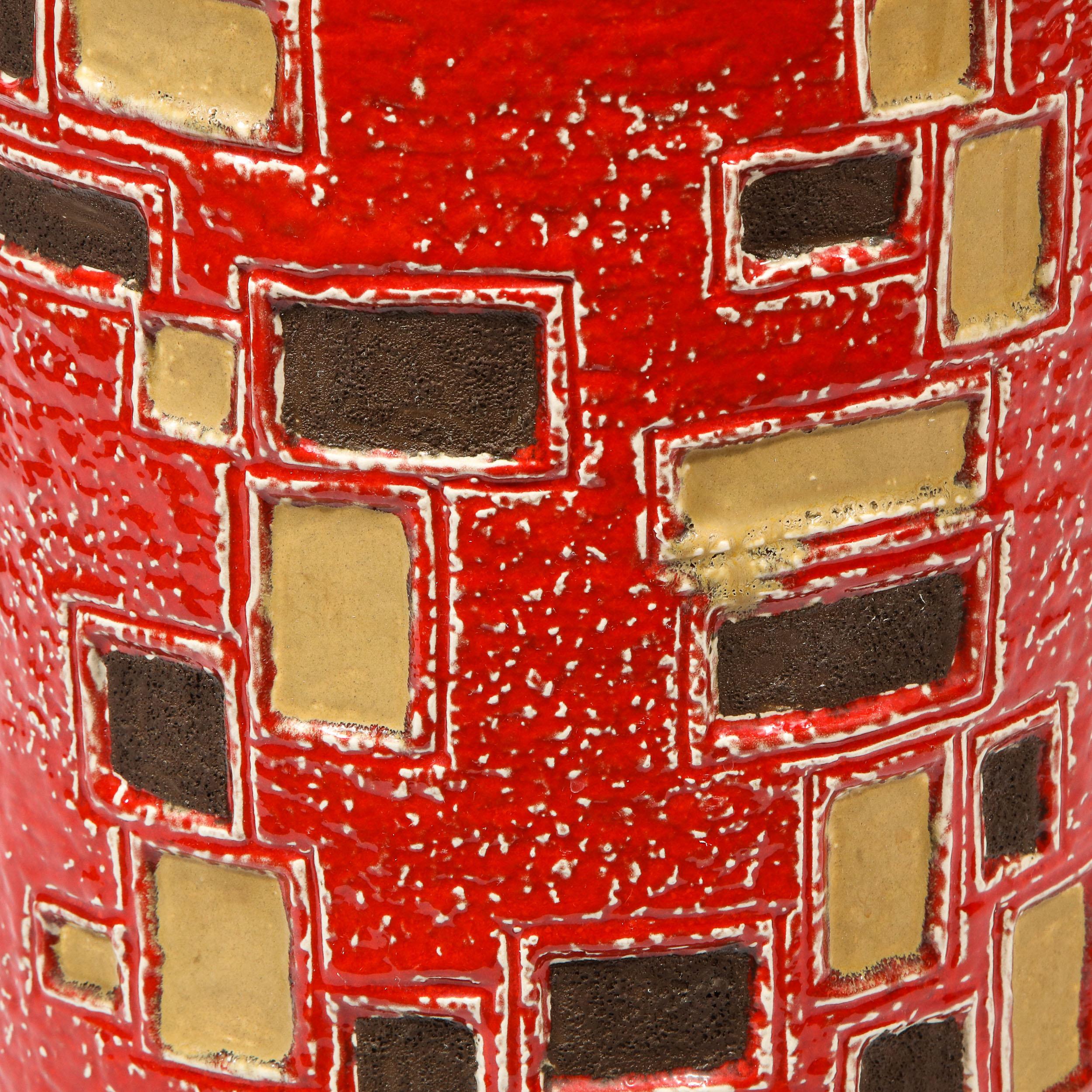 Ceramic Mid-Century Modern Scarlet Red Handpainted Umbrella Stand w/ Rectilinear Details For Sale