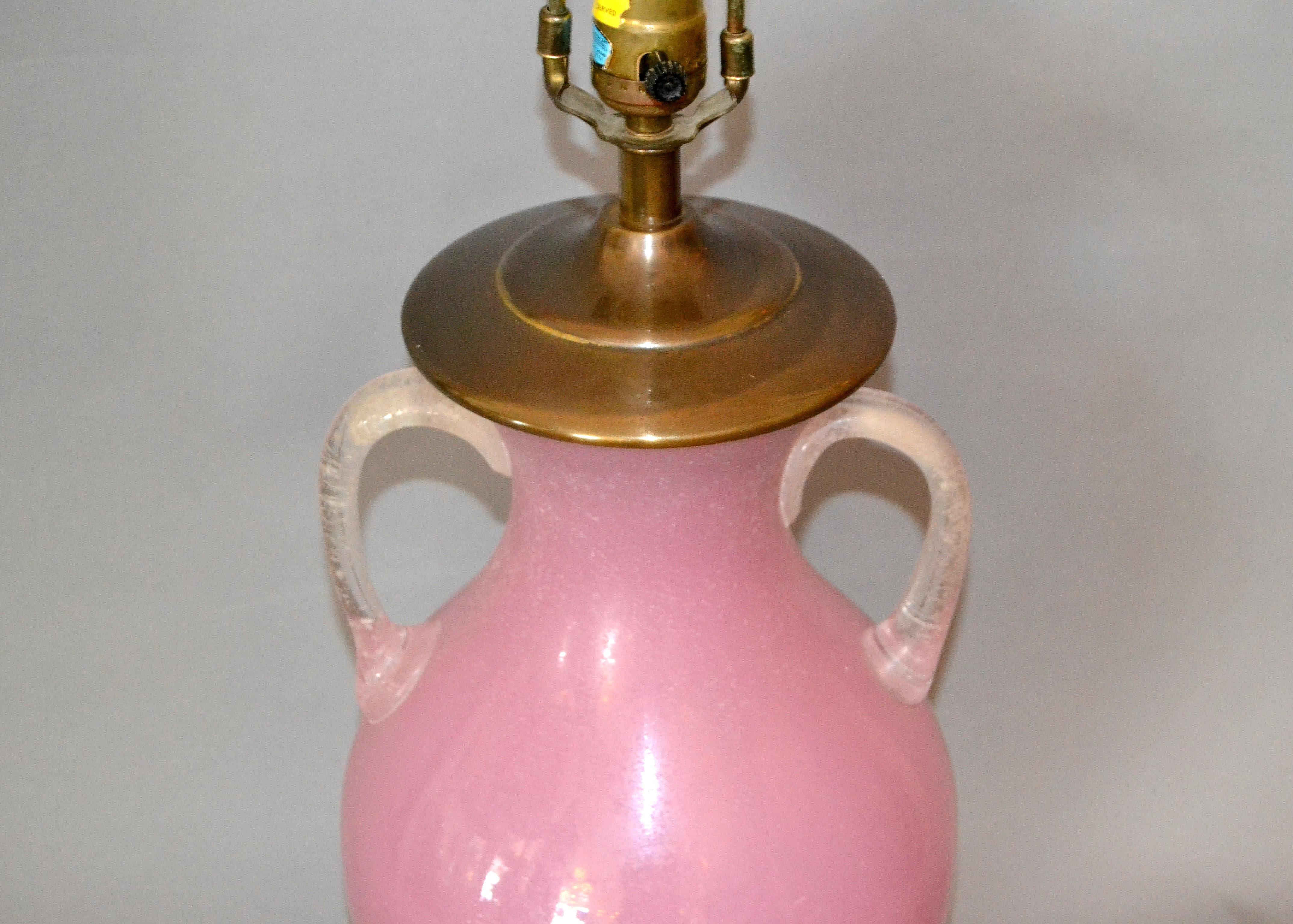 Mid-Century Modern Blown Scavo Glass Handled Pink and Clear Table Lamp Chapman For Sale 2