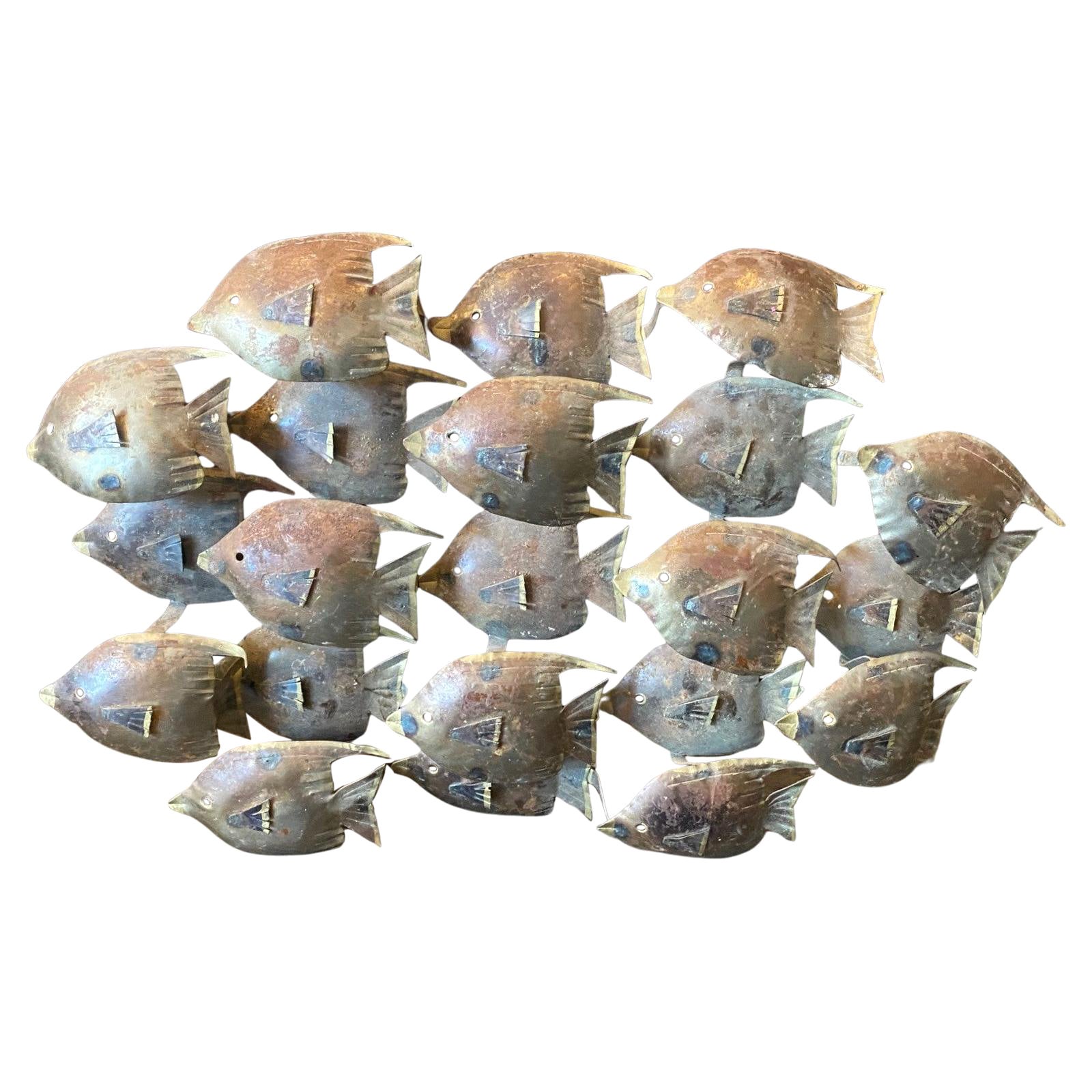 École de poissons moderne du milieu du siècle Sculpture murale à la manière de Curtis Jere