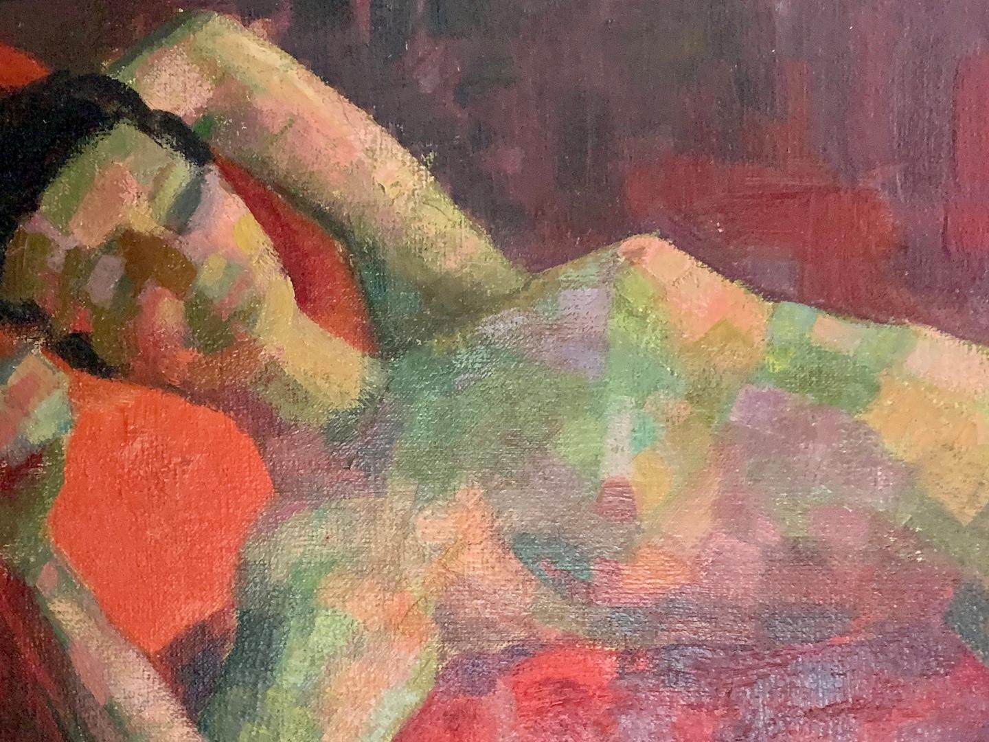 Mid Century Modern School, Cubist portrait of a nude Woman reclining on a bed 1