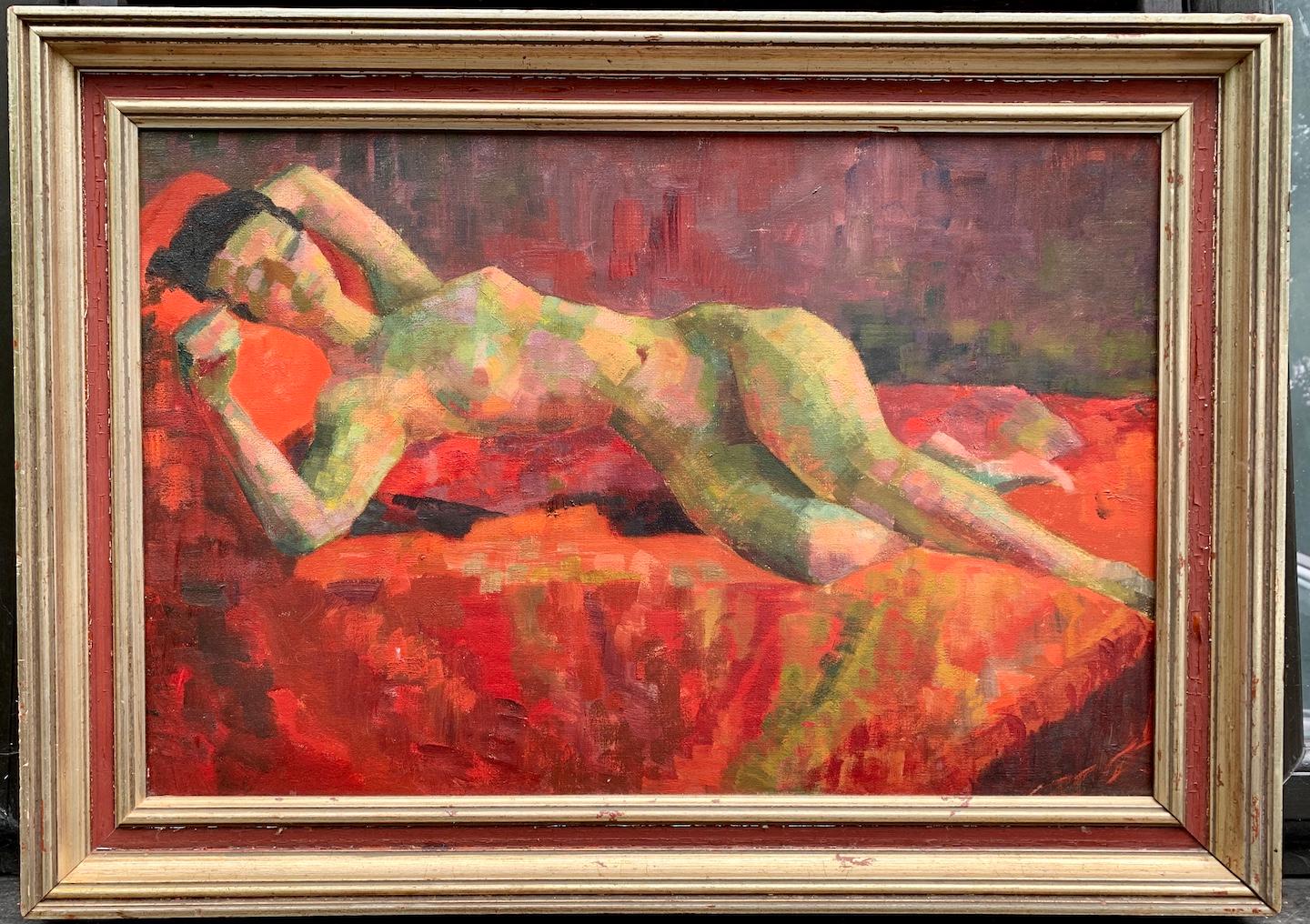 Mid Century Modern School, Cubist portrait of a nude Woman reclining on a bed 7