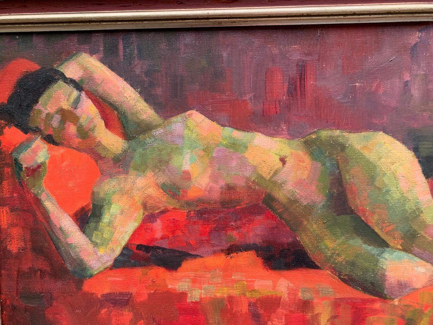 Mid Century Modern School, Cubist portrait of a nude Woman reclining on a bed 8