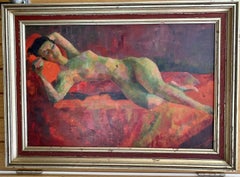 Mid Century Modern School, Cubist portrait of a nude Woman reclining on a bed