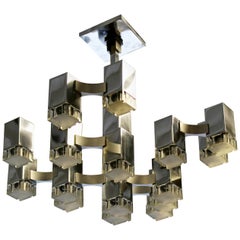 Mid-Century Modern Sciolari 17 Arm Cubic Chrome Chandelier Fixture Italian 1970s