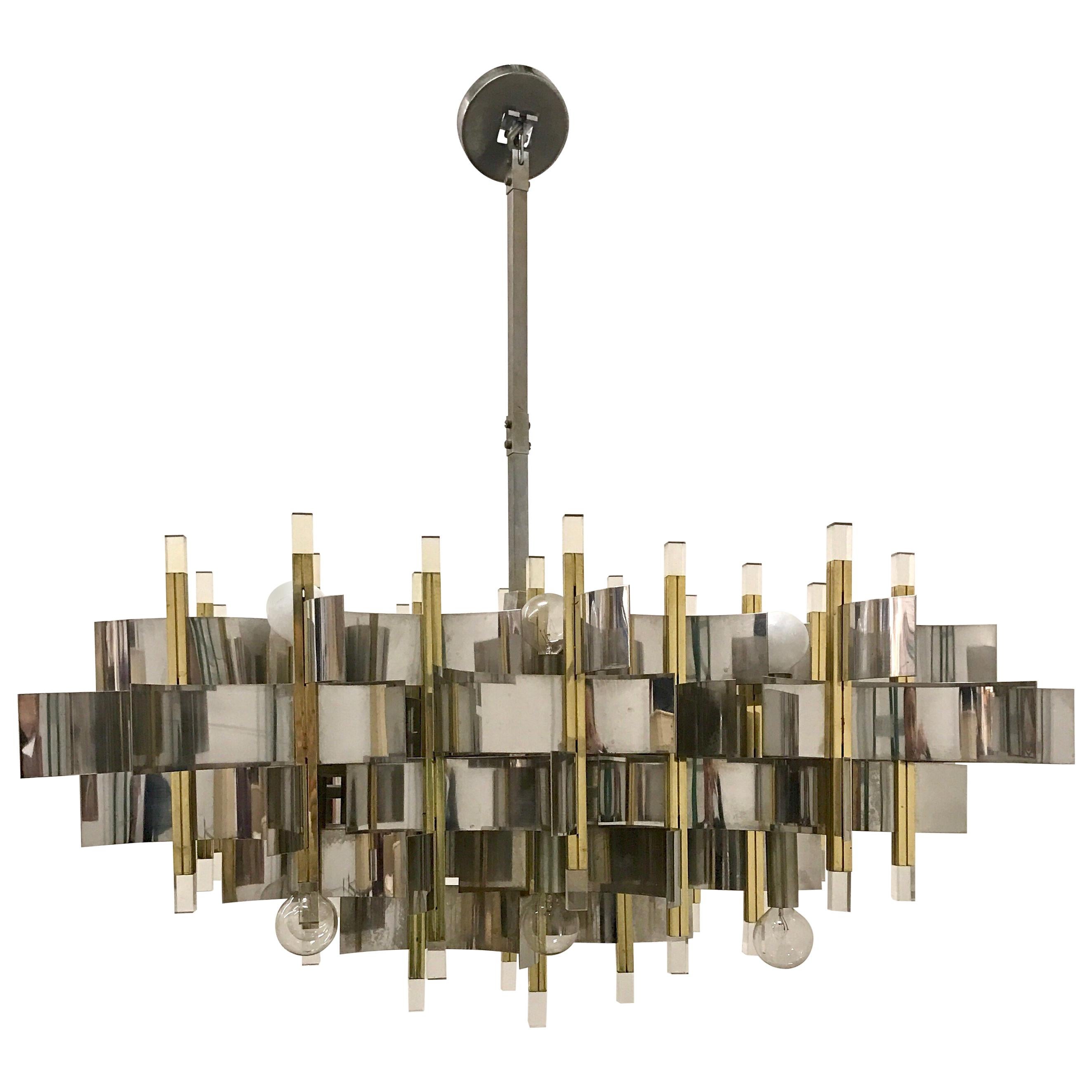 Mid-Century Modern Sciolari Chandelier Brass Chrome Lucite Made in Italy Large