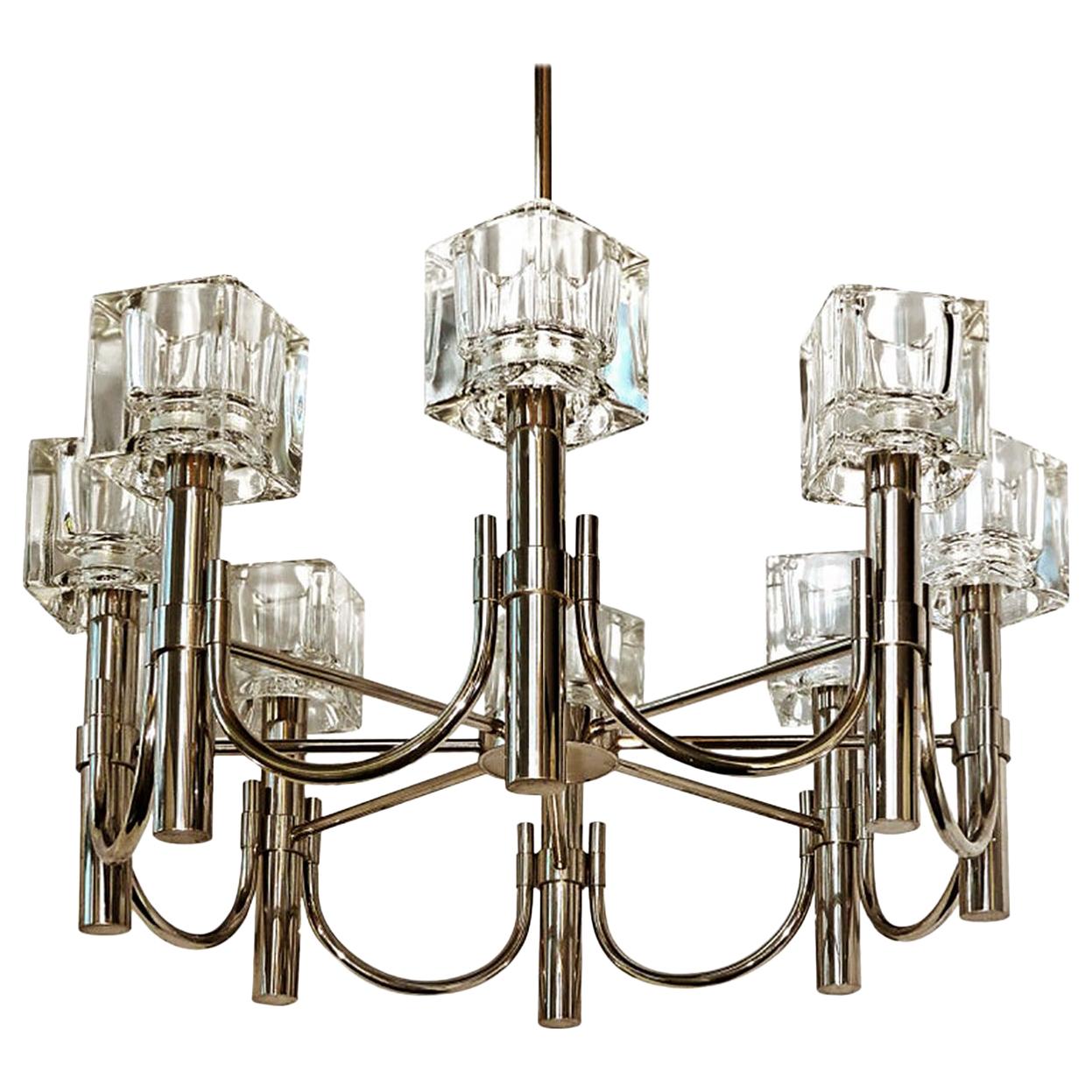 Mid-Century Modern Sciolari Chrome Cubist Chandelier, 8 "Ice Cube" Glass Shades