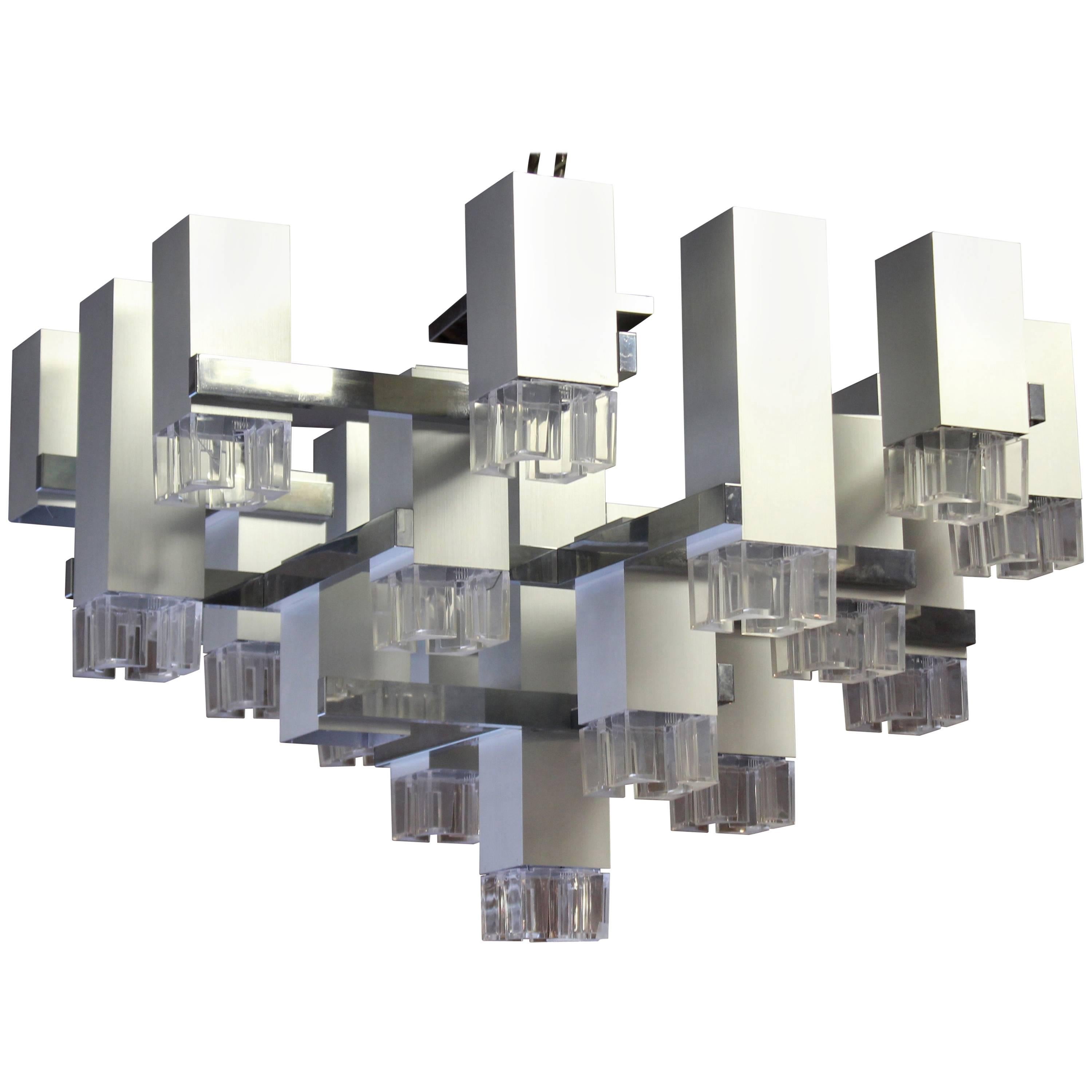 Mid-Century Modern Sciolari Geometric Chrome Aluminum Lucite Chandelier, 1970s