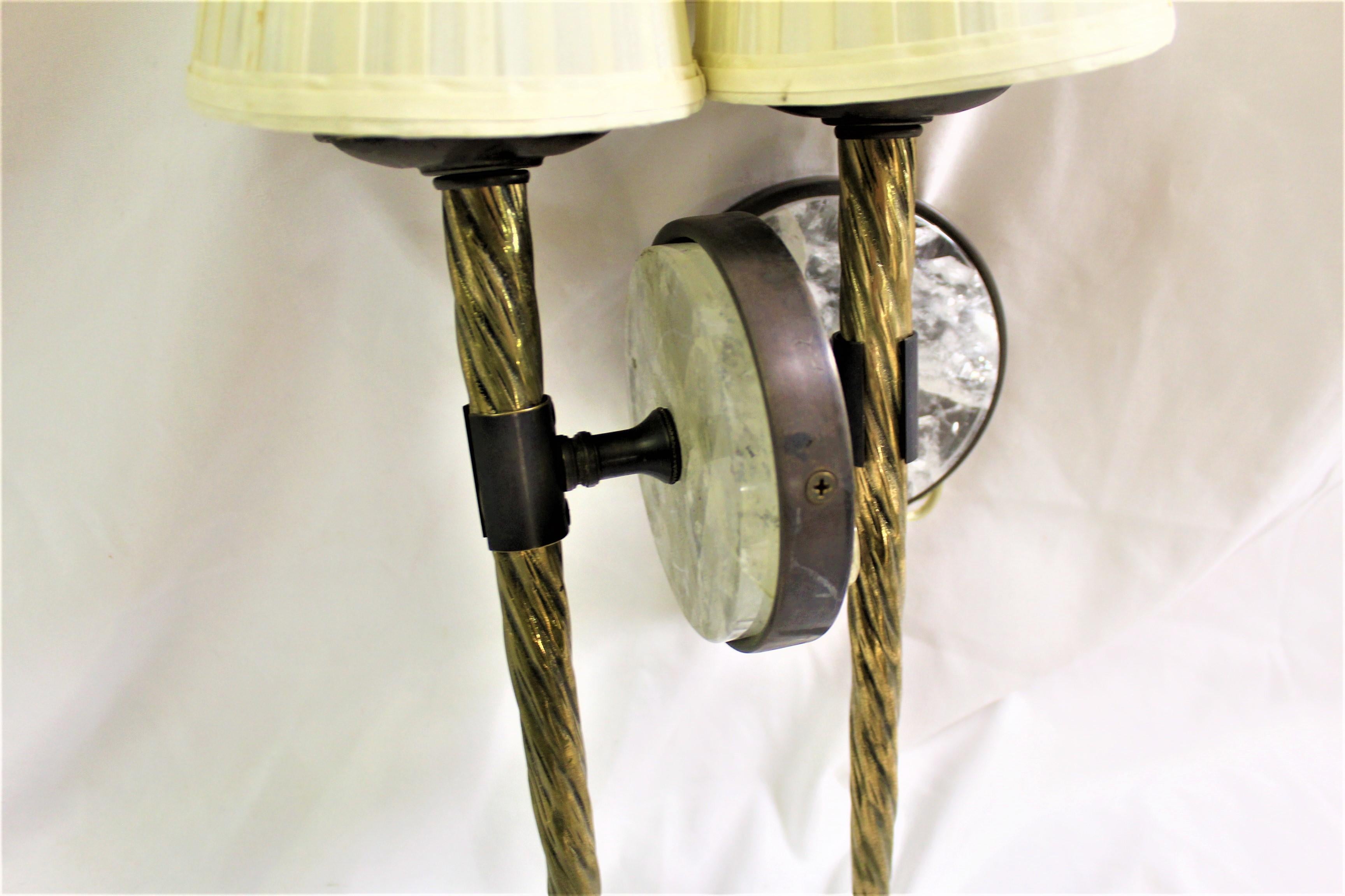 Mid-Century Modern Sconces, Bronze, Rock Crystal Clip on Shades In Good Condition For Sale In Los Angeles, CA