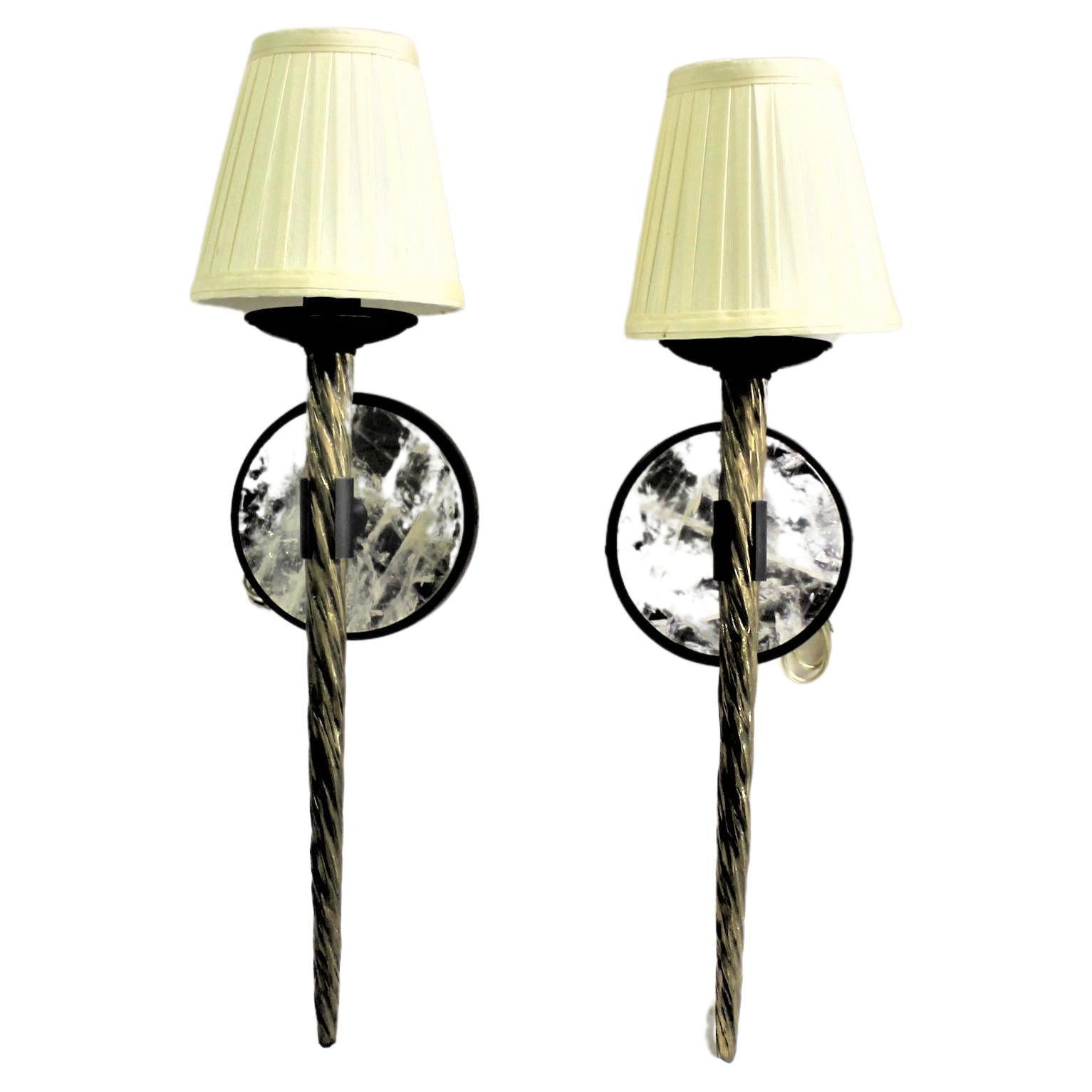 Mid-Century Modern Sconces, Bronze, Rock Crystal Clip on Shades For Sale