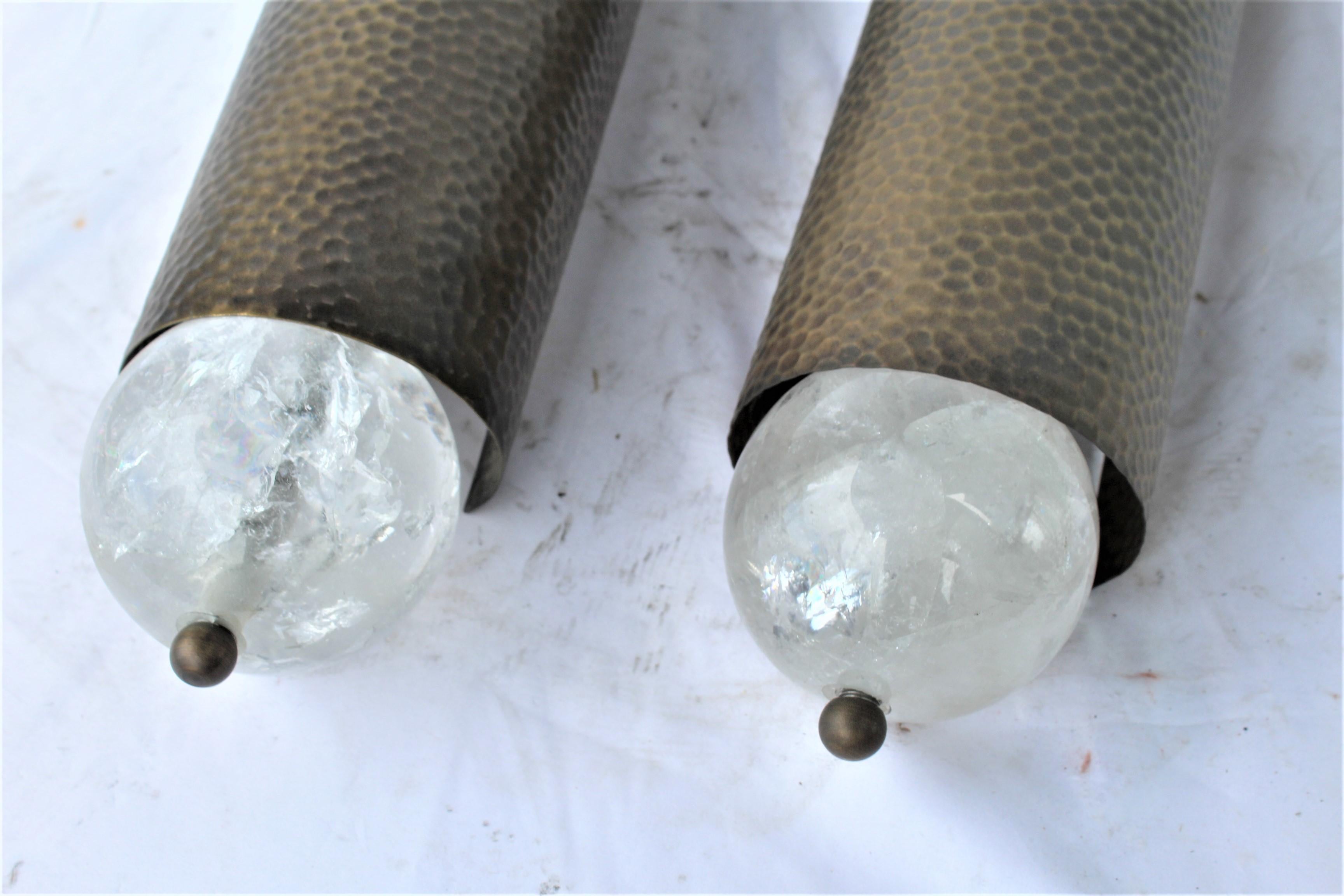 Mid-Century Modern Midcentury /Modern Sconces, Hammered Finish Brass Shade and Rock Crystal For Sale